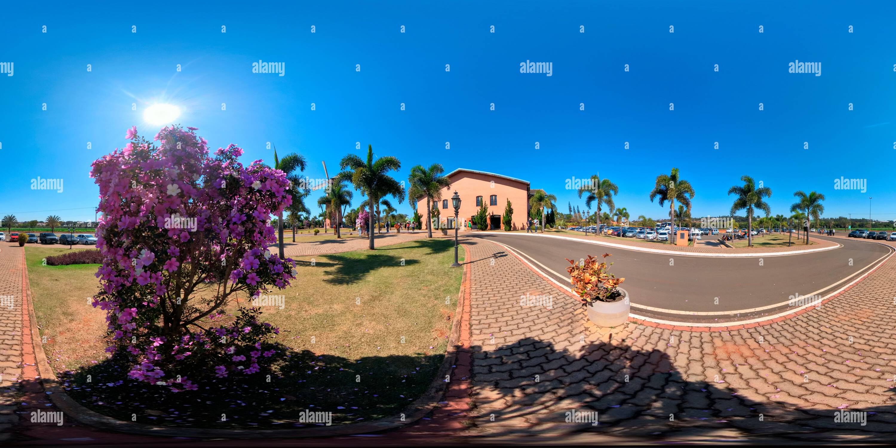 360 degree panoramic view of Holambra, Sao Paulo, Brazil - July 24, 2023 - Tourists walking through the square beside the center of culture and events