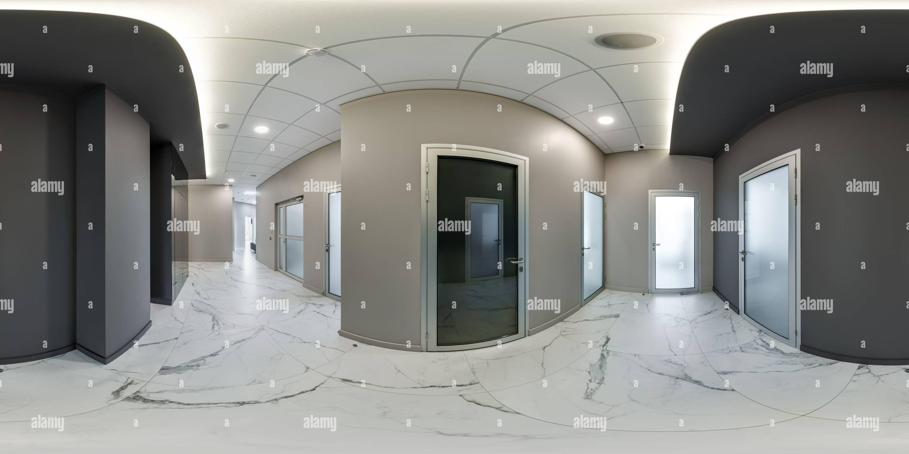 360 degree panoramic view of full seamless spherical hdri 360 panorama in interior empty narrow corridor for room office, modern apartments or clinic with many doors in equirectan