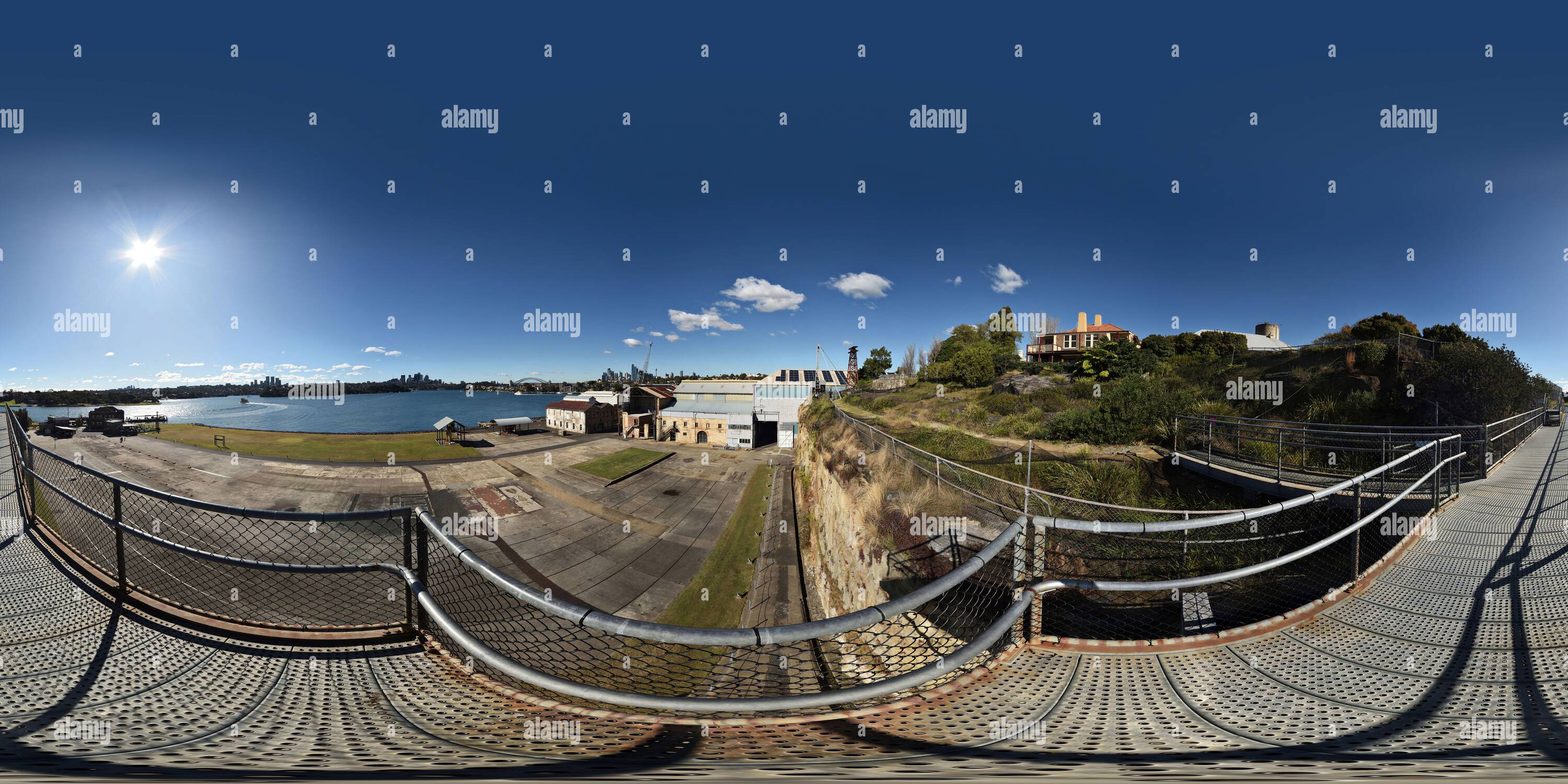 360 degree panoramic view of 360° Panorama overlooking the Industrial Precinct & Eastern Apron from the cliff top platform below Biloela House Cockatoo Island, Sydney, Australia