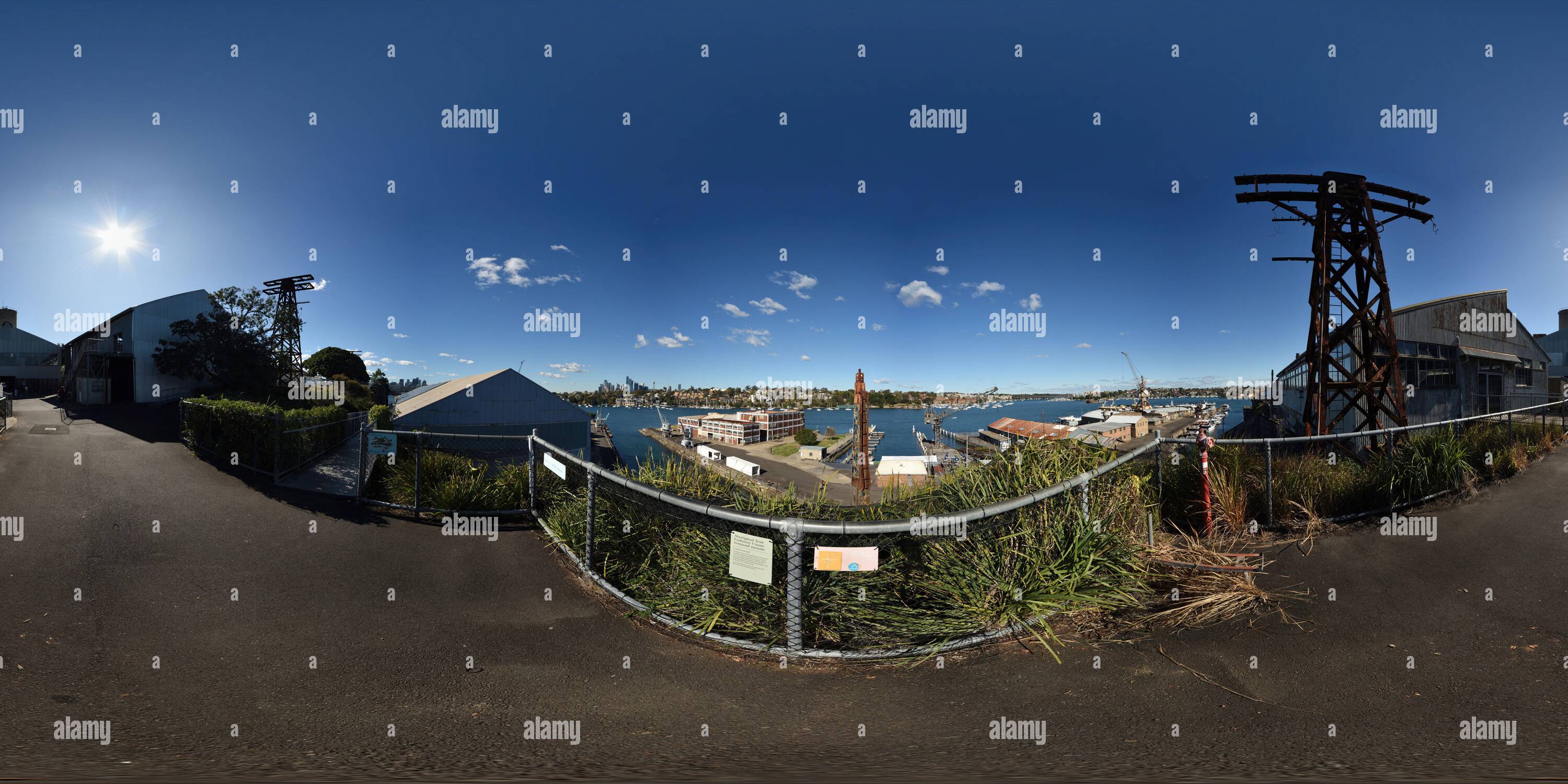 360 degree panoramic view of 360° Panorama The Fitzroy and Sutherland Docks from above, the Aboriginal Tent Embassy Tower Mural, Ship Building & Docks Precinct at Cockatoo Island