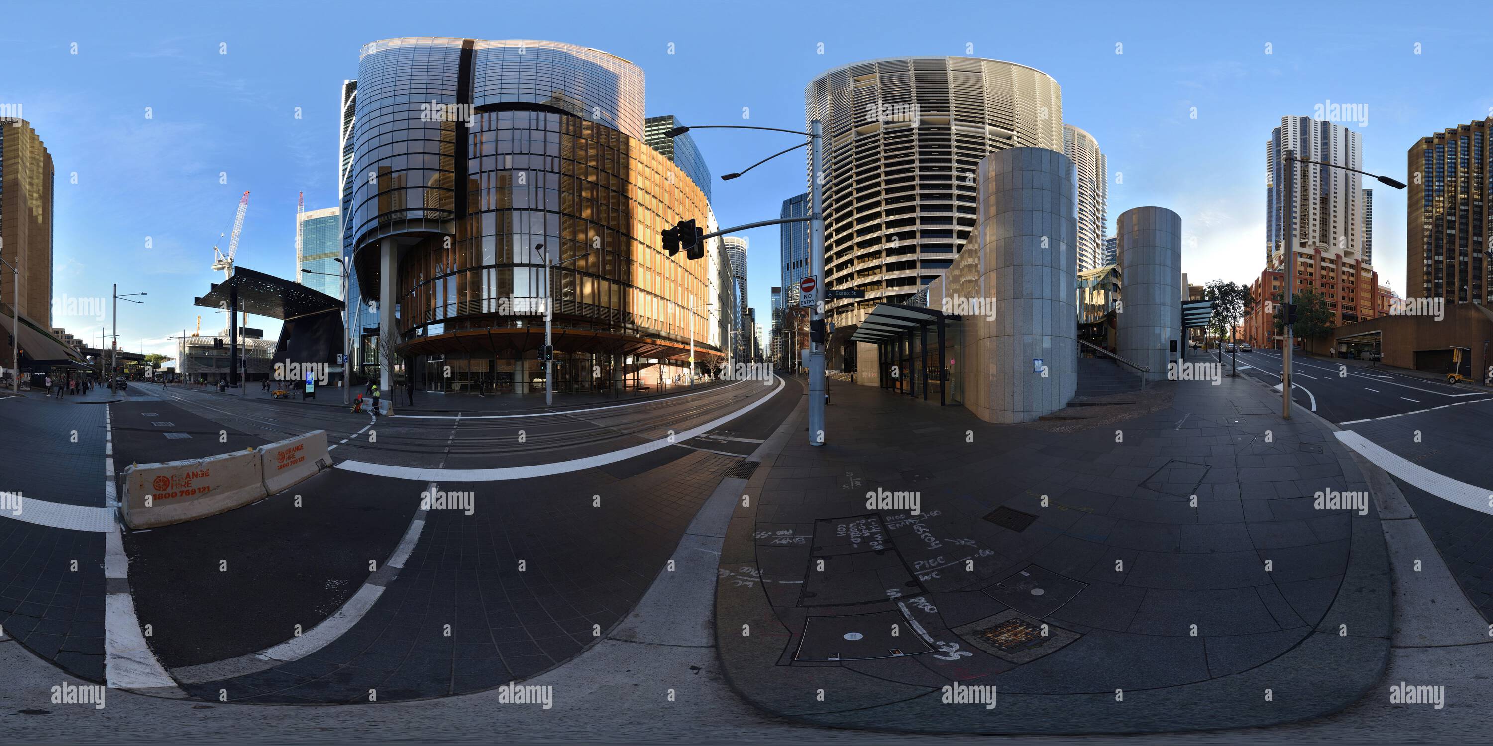 360 degree panoramic view of 360° City Panorama of George and Essex St, at the foot of Grosvenor Place,t the golden façade of the EY building, Circular Quay to the Haymarket