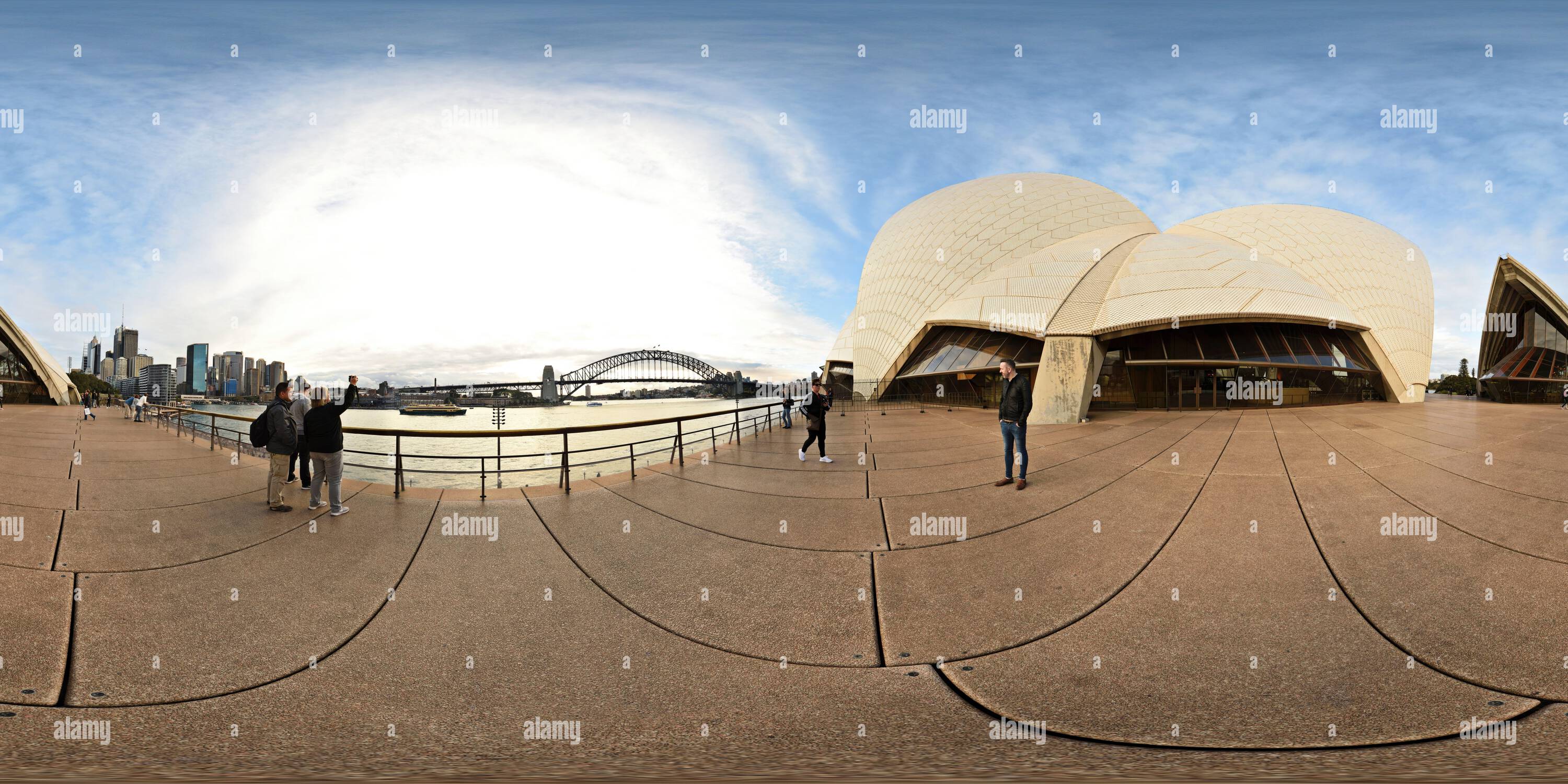 360 degree panoramic view of 360° panorama from the Sydney Opera House Upper Podium, Tourists Looking Out Toward The Harbour Bridge, Bennelong Point, Sydney, Australia
