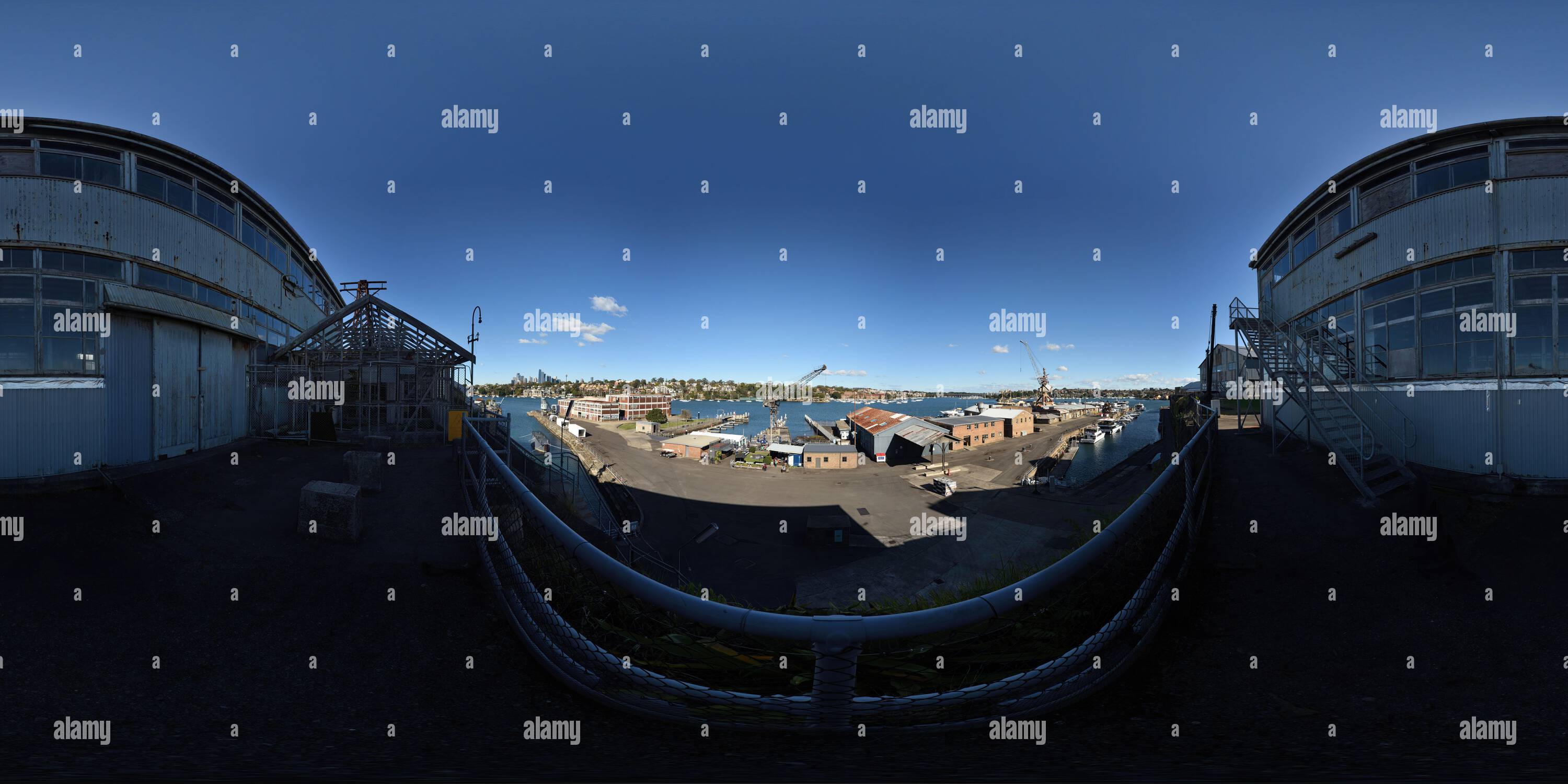 360 degree panoramic view of 360° Panorama, Steps to The Docks Precinct, Fitzroy and Sutherland Docks from above, on the perimeter of the Ship Building Precinct at Cockatoo Island