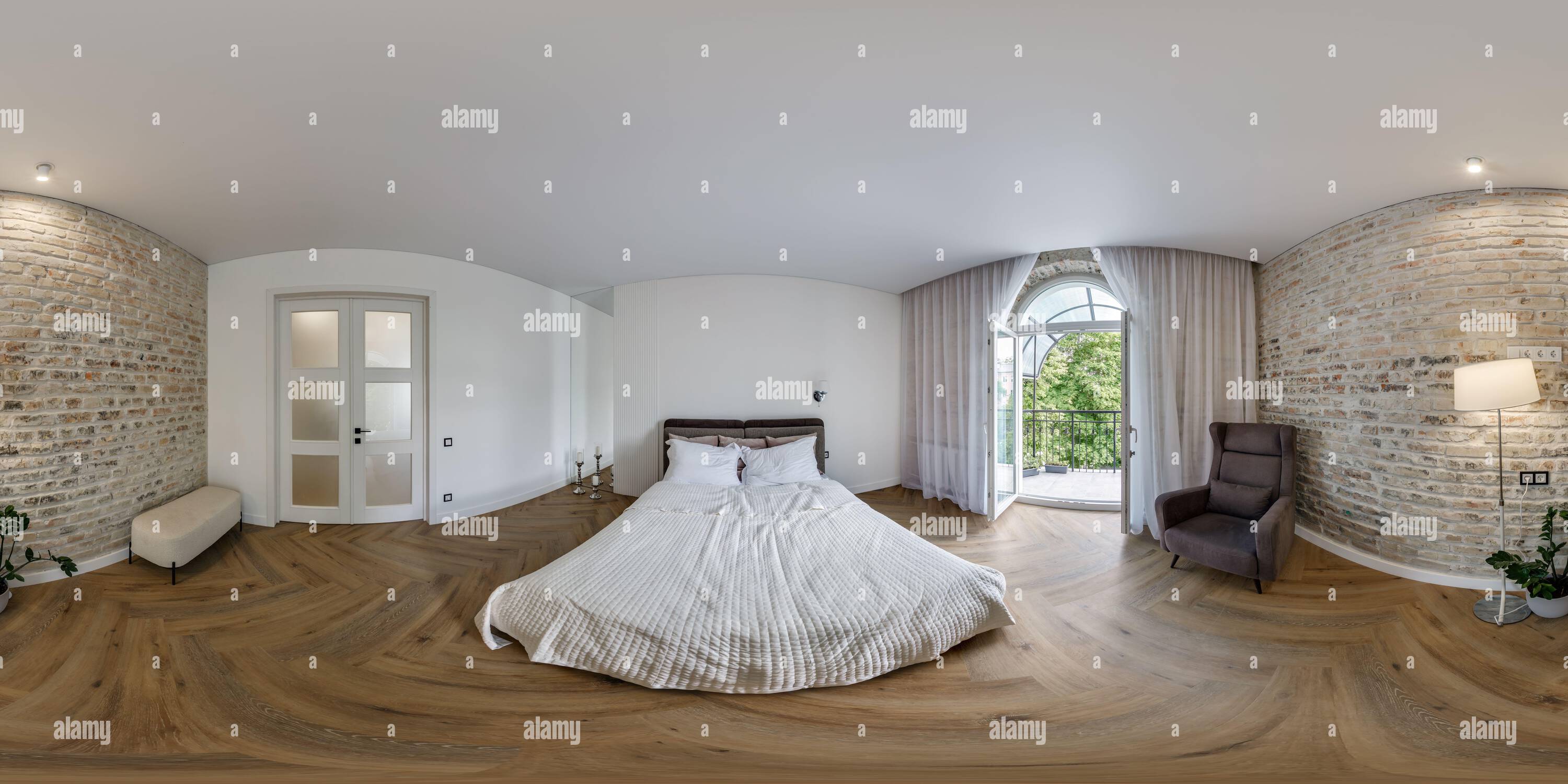 360 degree panoramic view of full seamless spherical hdri 360 panorama in interior of bedroom in studio apartments with arched access to the balcony in equirectangular projection,