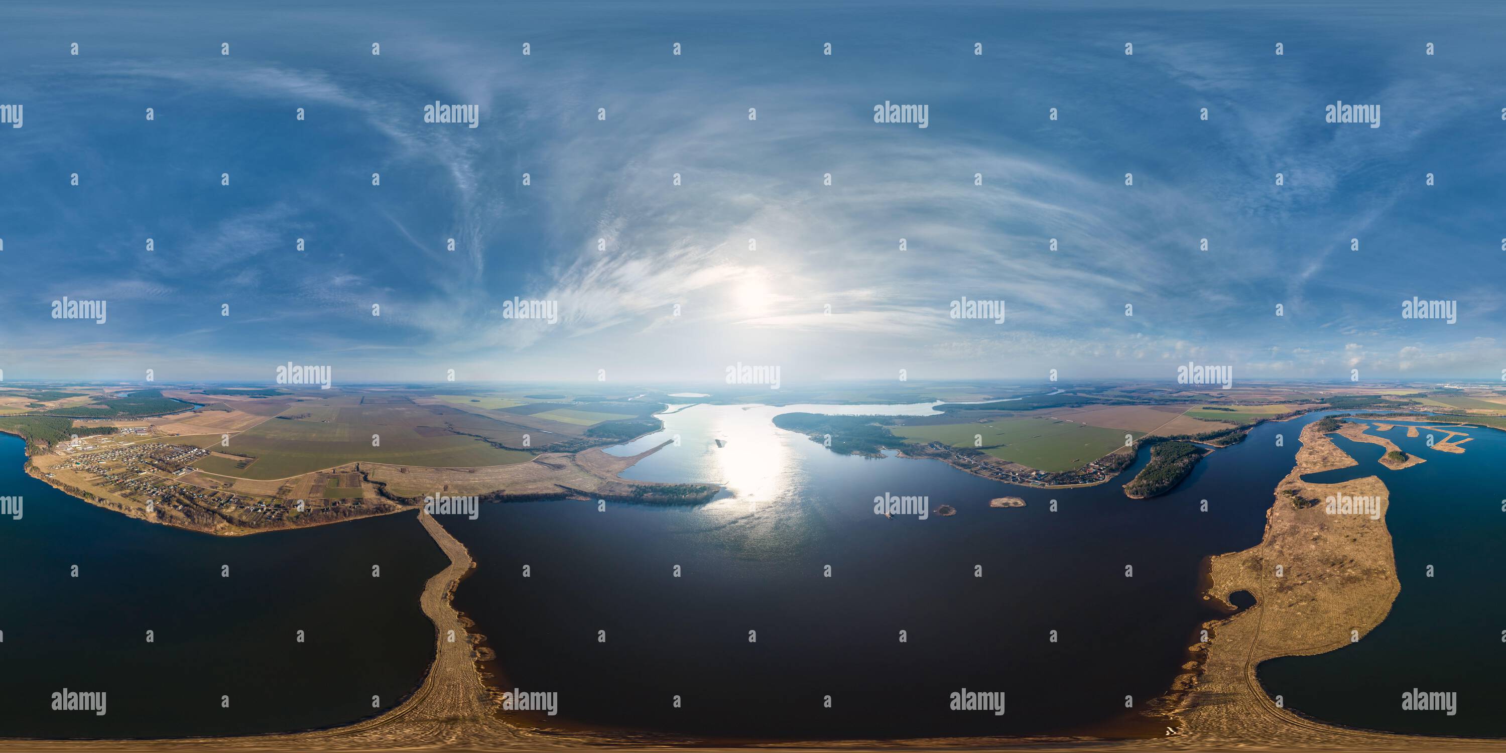 Aerial Projection 360° view of 360 hdri panorama aerial view over lake with island in ...