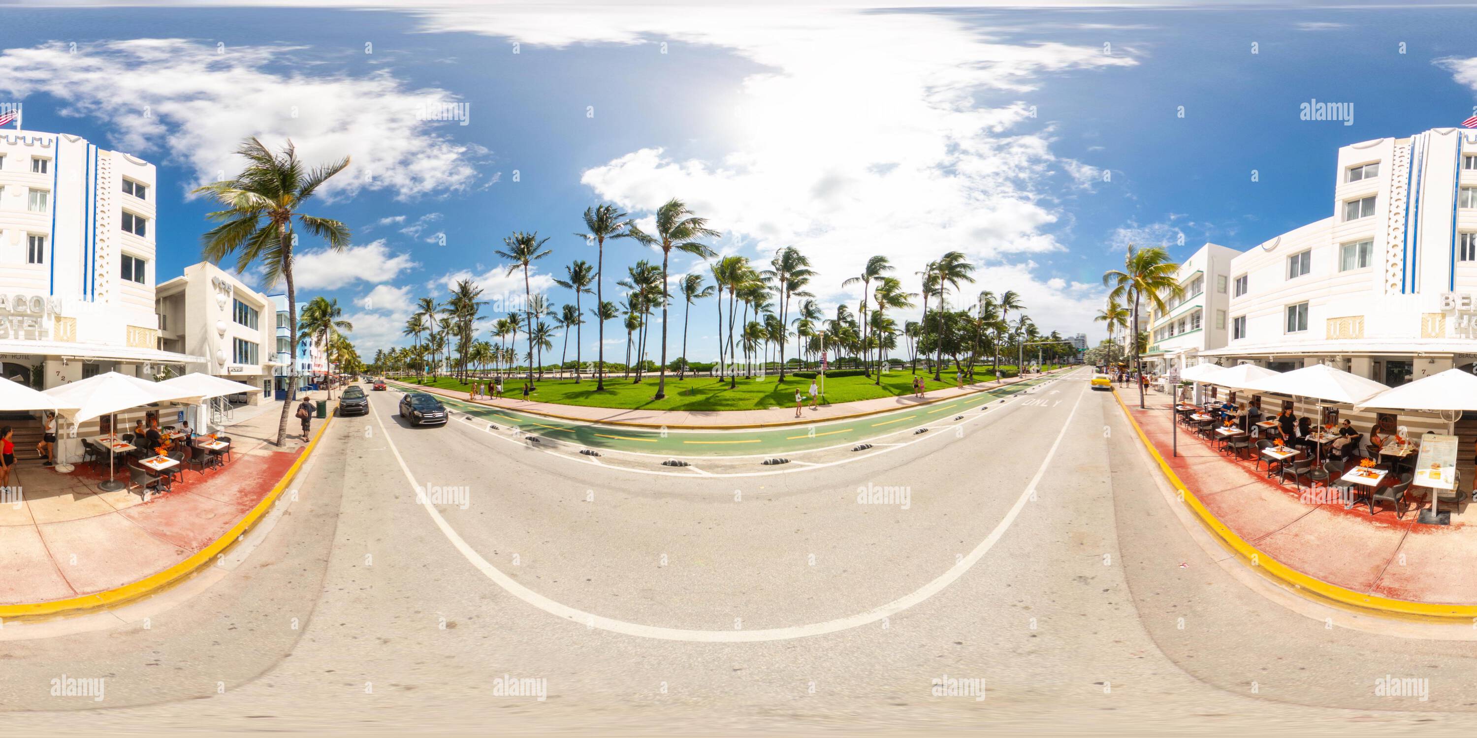 360 degree panoramic view of Miami Beach, FL, USA - September 3, 2023: 360 vr equirectangular photo of The Beacon Hotel Ocean Drive Miami Beach