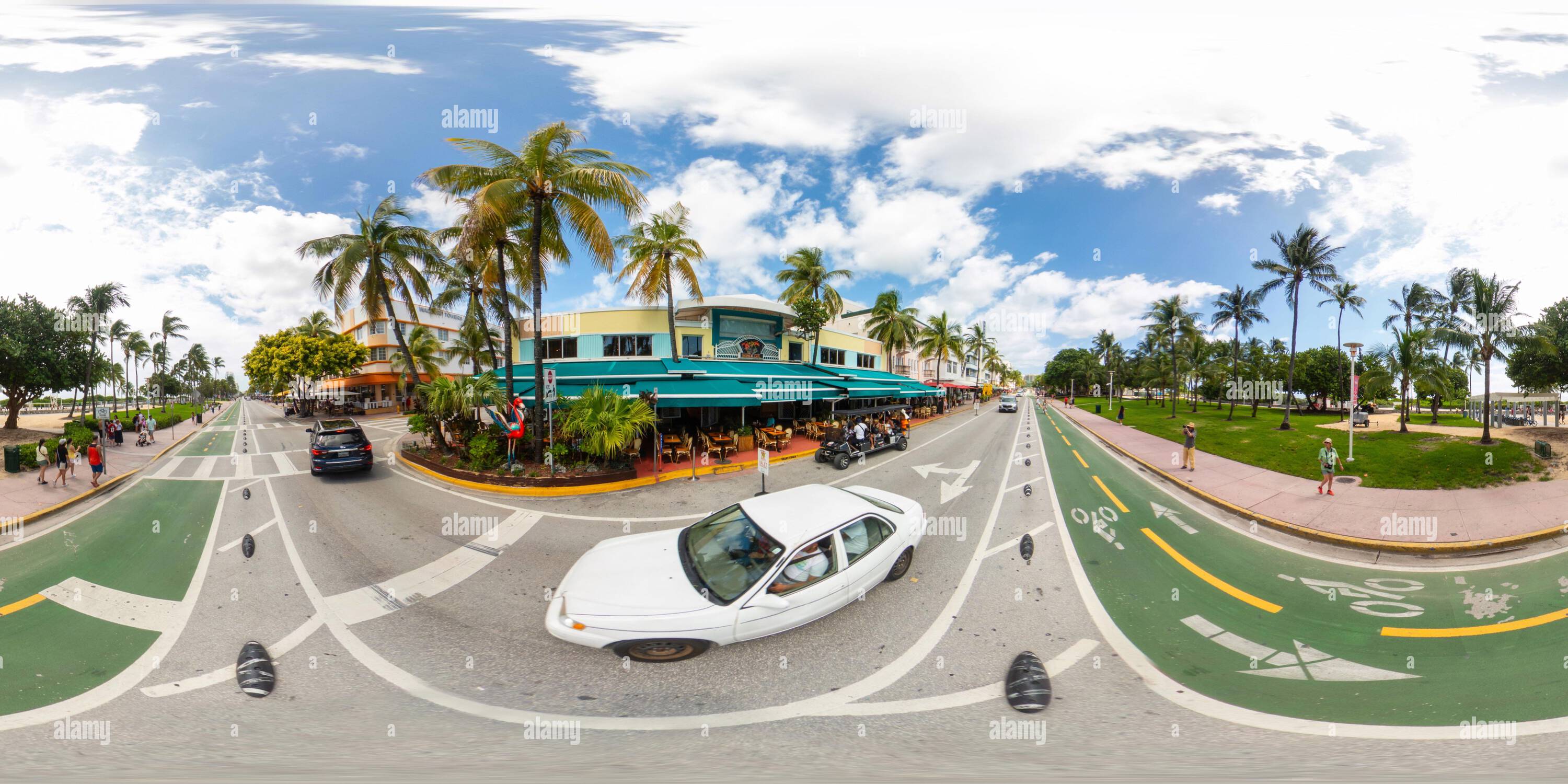 360 degree panoramic view of Miami Beach, FL, USA - September 3, 2023: 360 vr photo Mangos Tropical Cafe South Beach