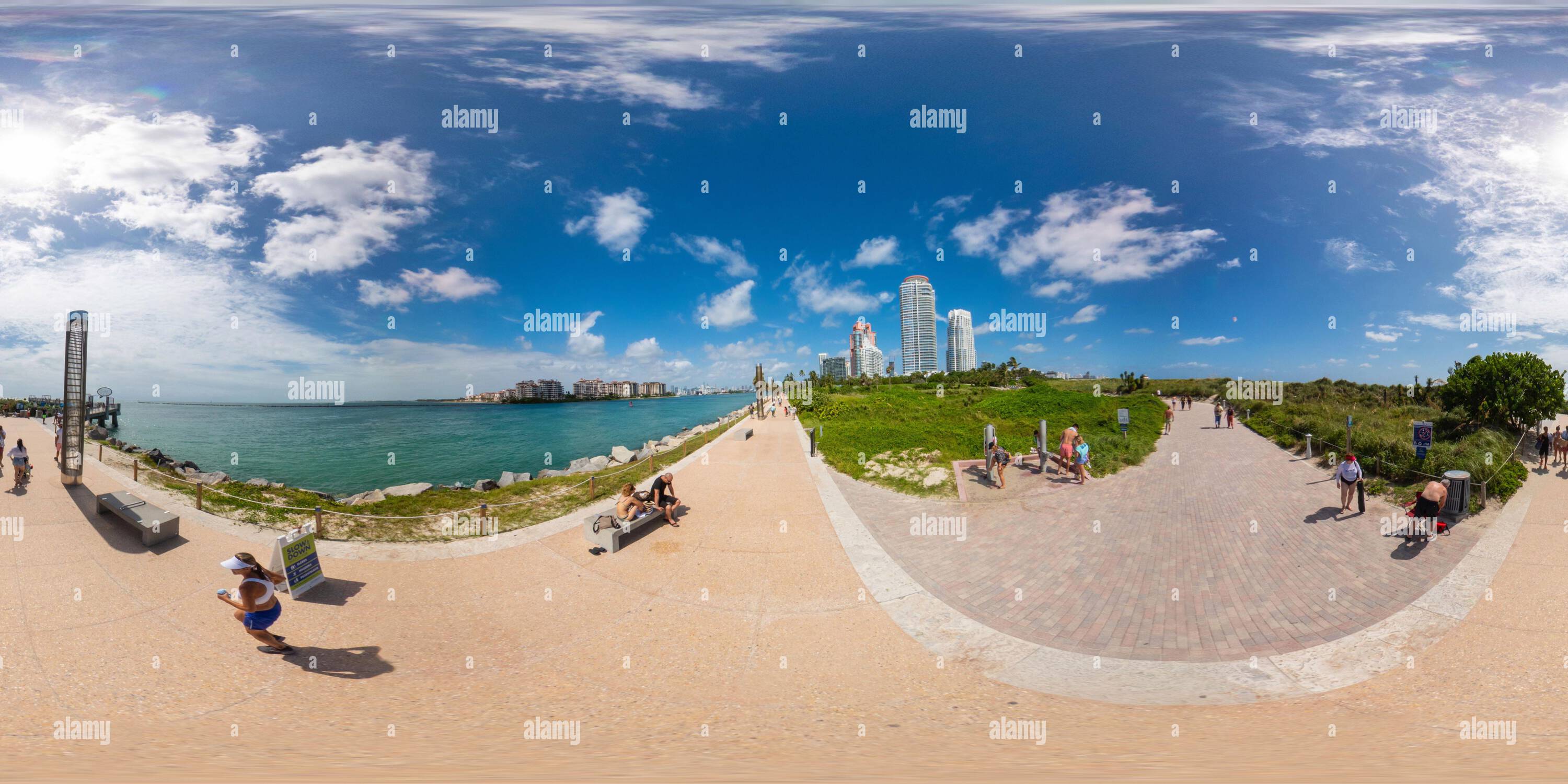 360 degree panoramic view of Miami Beach, FL, USA - September 3, 2023: Miami Beach South Pointe Park 2023