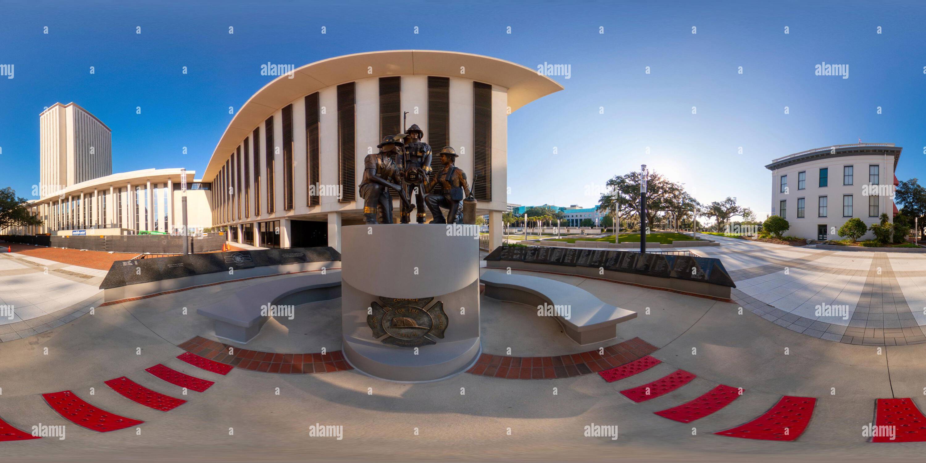 360 degree panoramic view of Tallahassee, FL, USA - September 10, 2023: 360 equirectangular photo of the Florida State Capitol Building circa 2023 Firefighters Memorial Statue