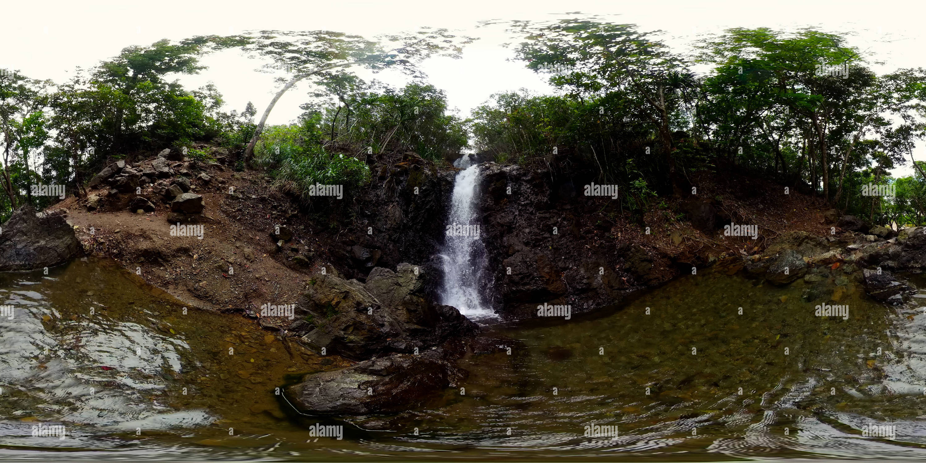 360 degree panoramic view of Waterfall among tropical jungle. 360 panorama VR.