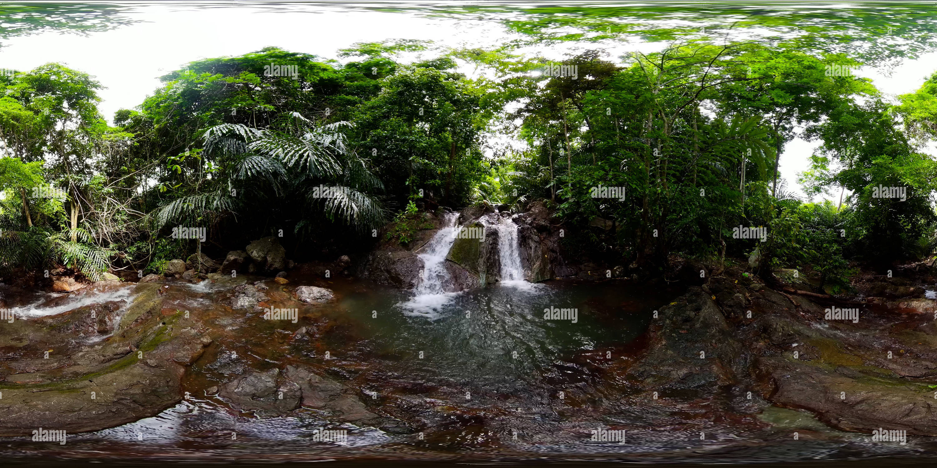 360 degree panoramic view of Waterfall in a tropical forest. Palawan,