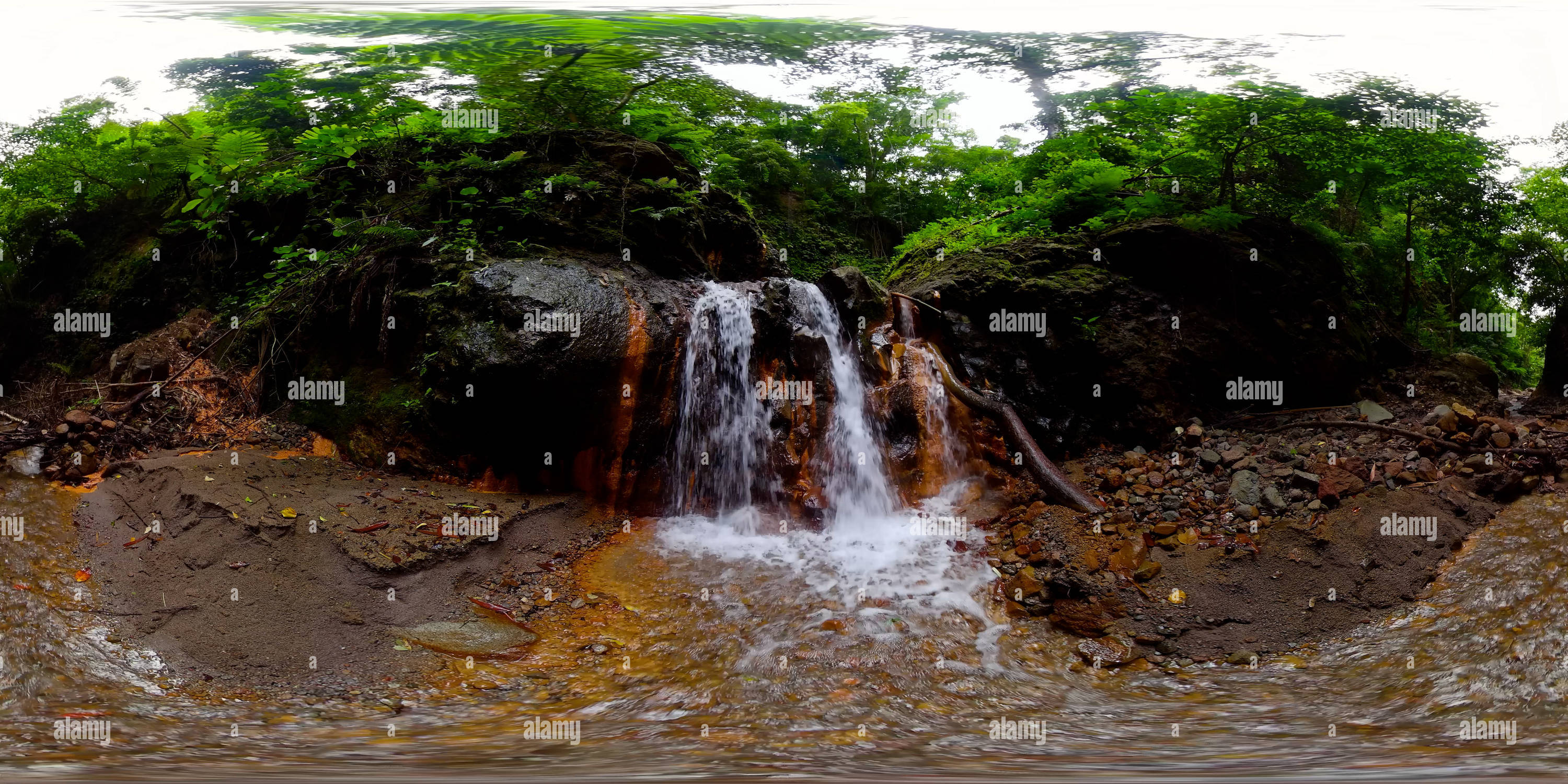 360 degree panoramic view of Waterfall among tropical jungle.