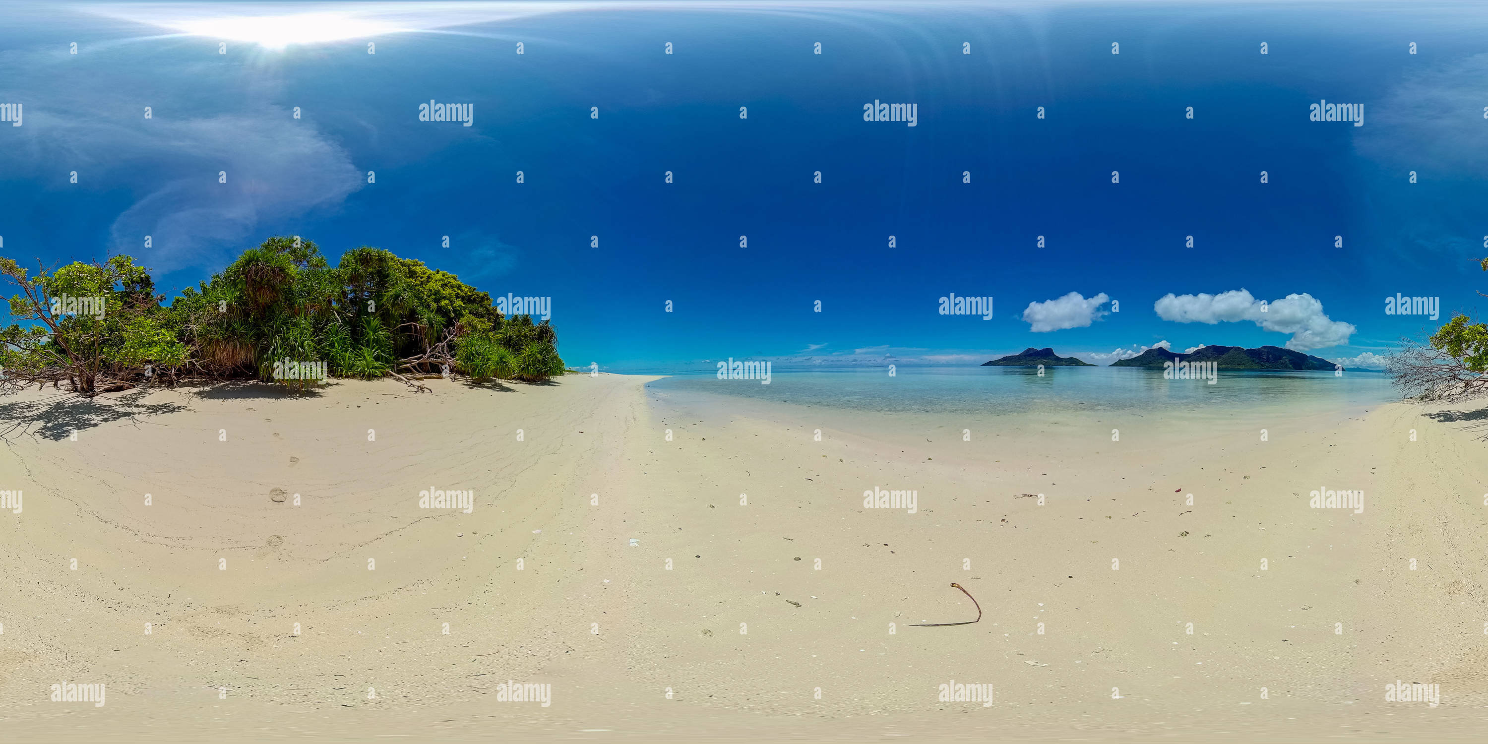 360 degree panoramic view of Tropical sandy beach and blue sea. Malaysia.