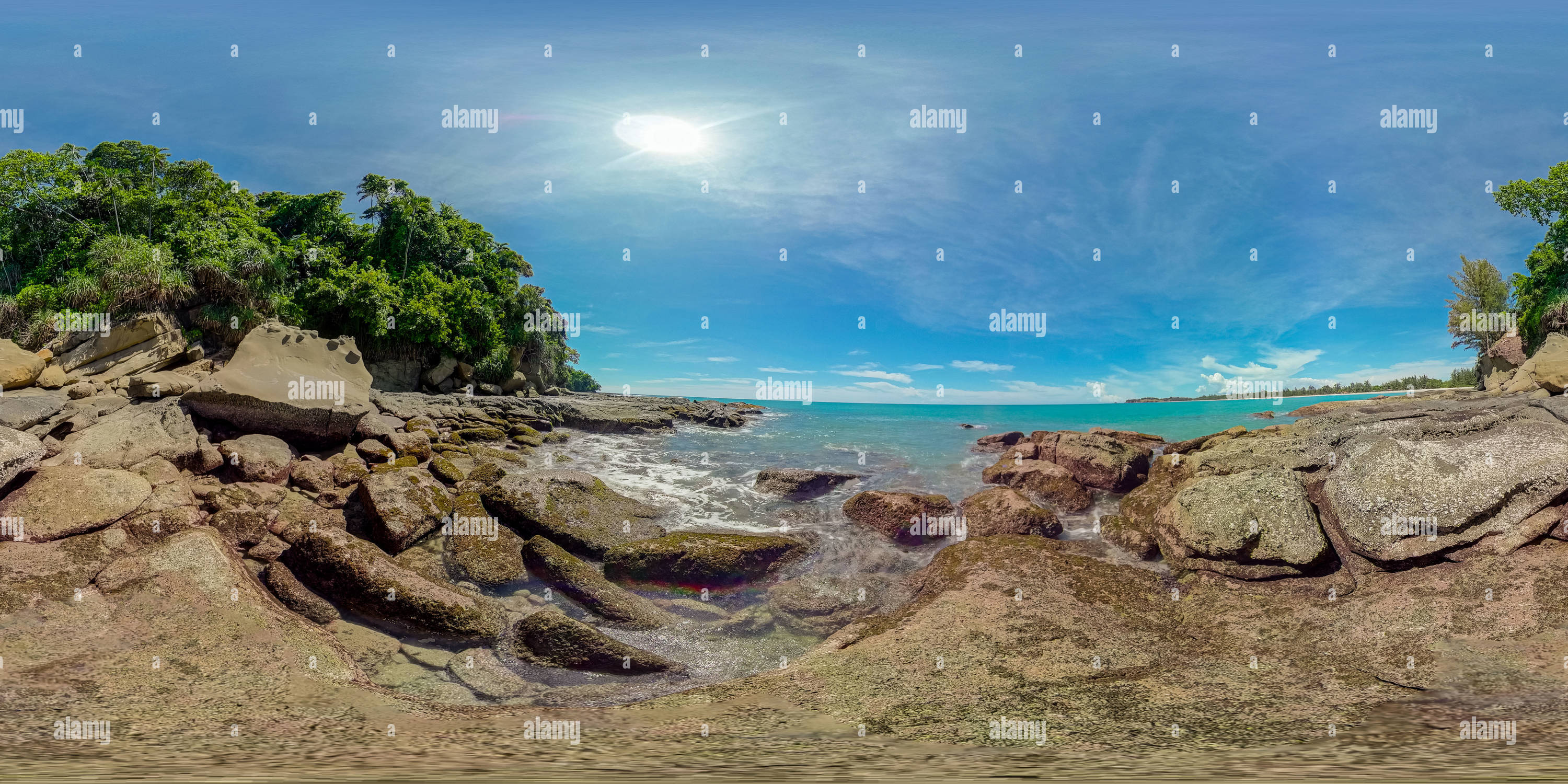 360 degree panoramic view of Rocky coast and sea surf.