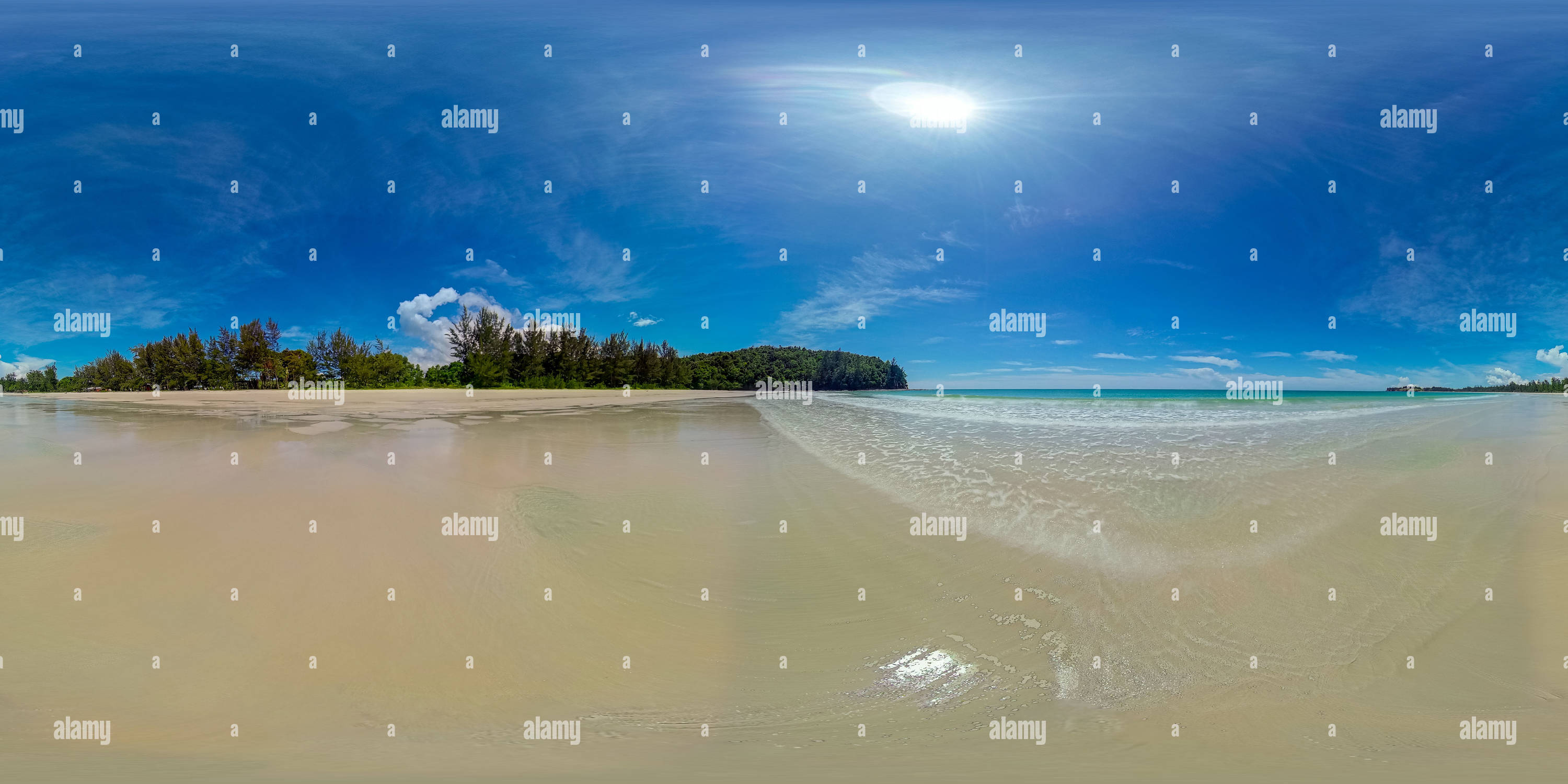 360 degree panoramic view of Sandy beach and sea surf with waves.