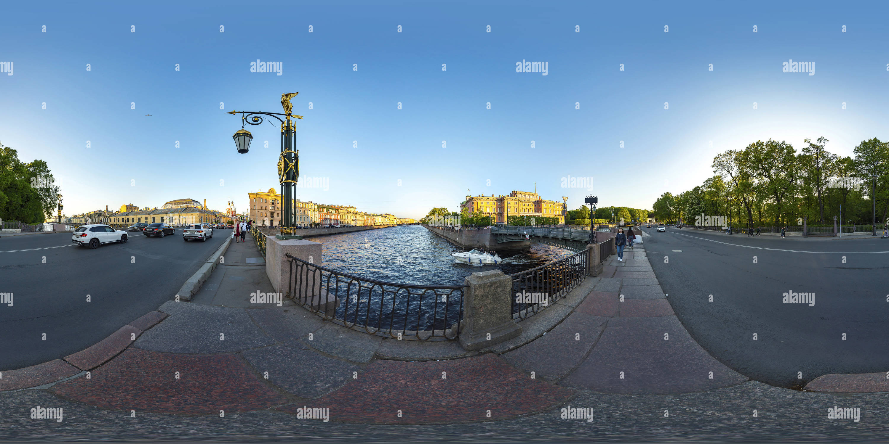 360 degree panoramic view of Saint Petersburg. View from the Moika River to the Mikhailovsky Castle.