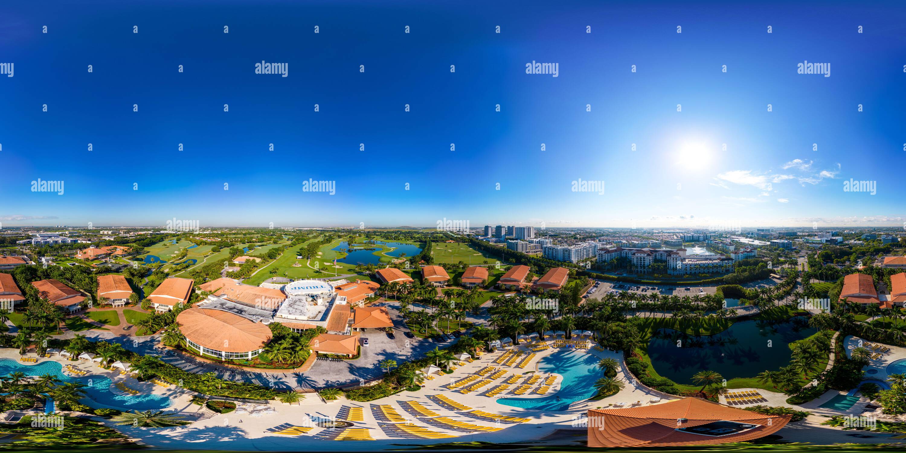 360 degree panoramic view of Doral Miami, FL, USA - September 15, 2023: Aerial 360 equirectangular drone photo of the Trump National Doral Miami