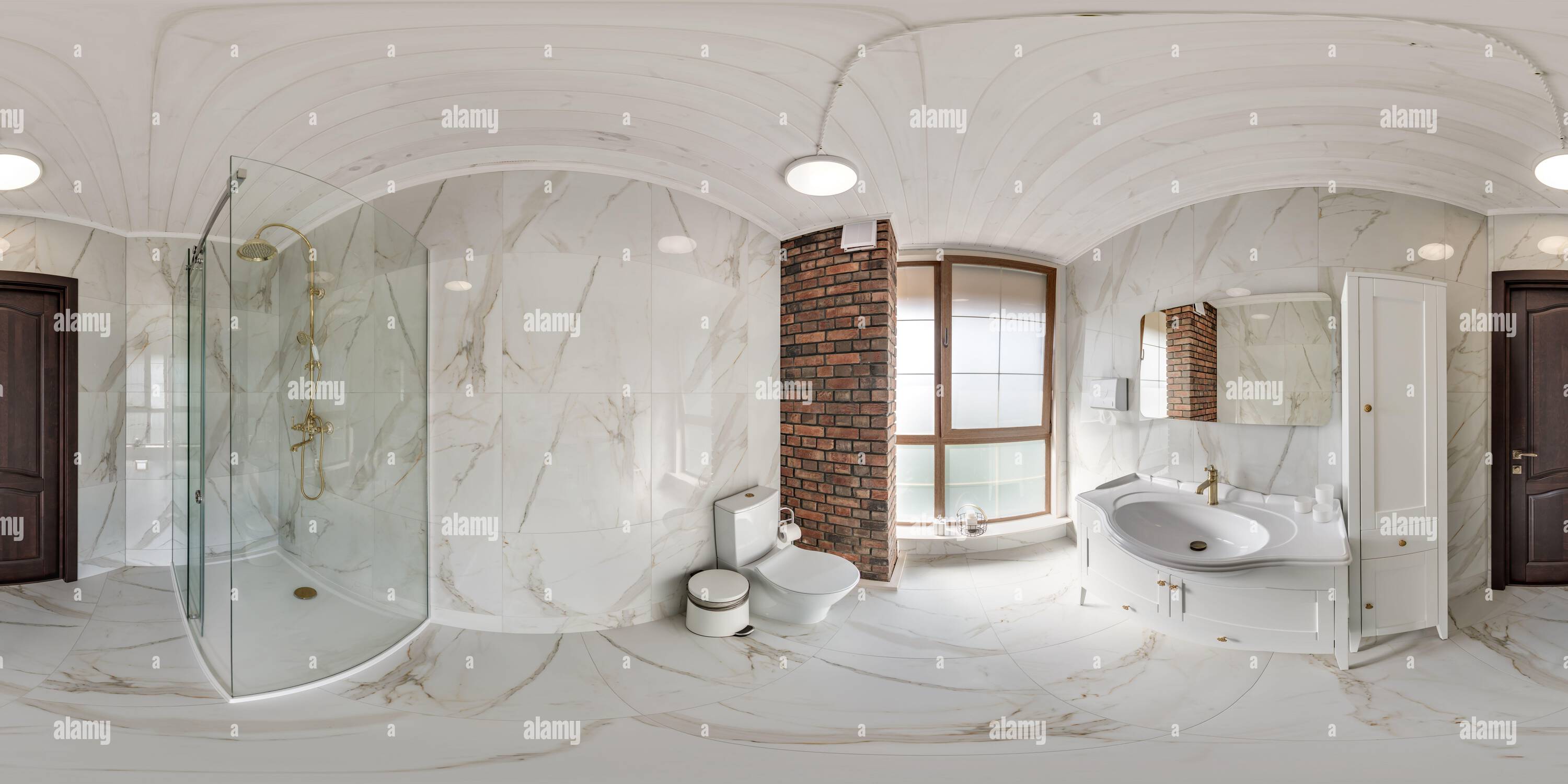 360 degree panoramic view of white seamless 360 hdr panorama in interior of expensive bathroom in loft style in modern flat apartments with washbasin in equirectangular projection