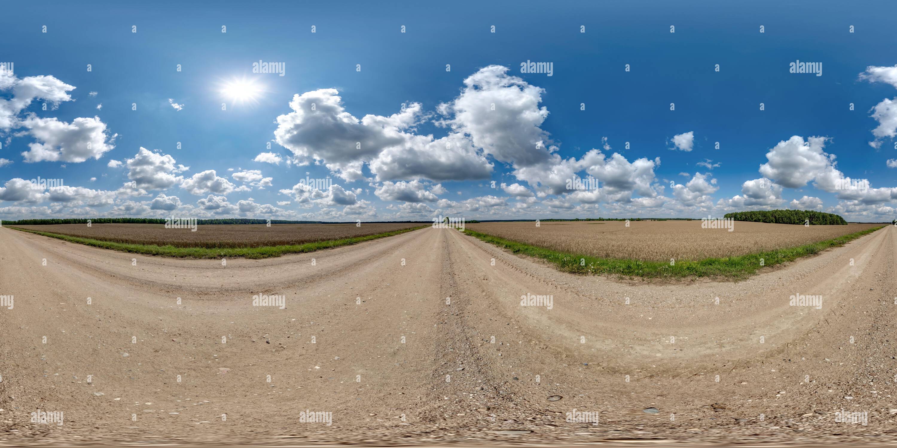 360° view of 360 hdri panorama on wet gravel road with marks from car ...