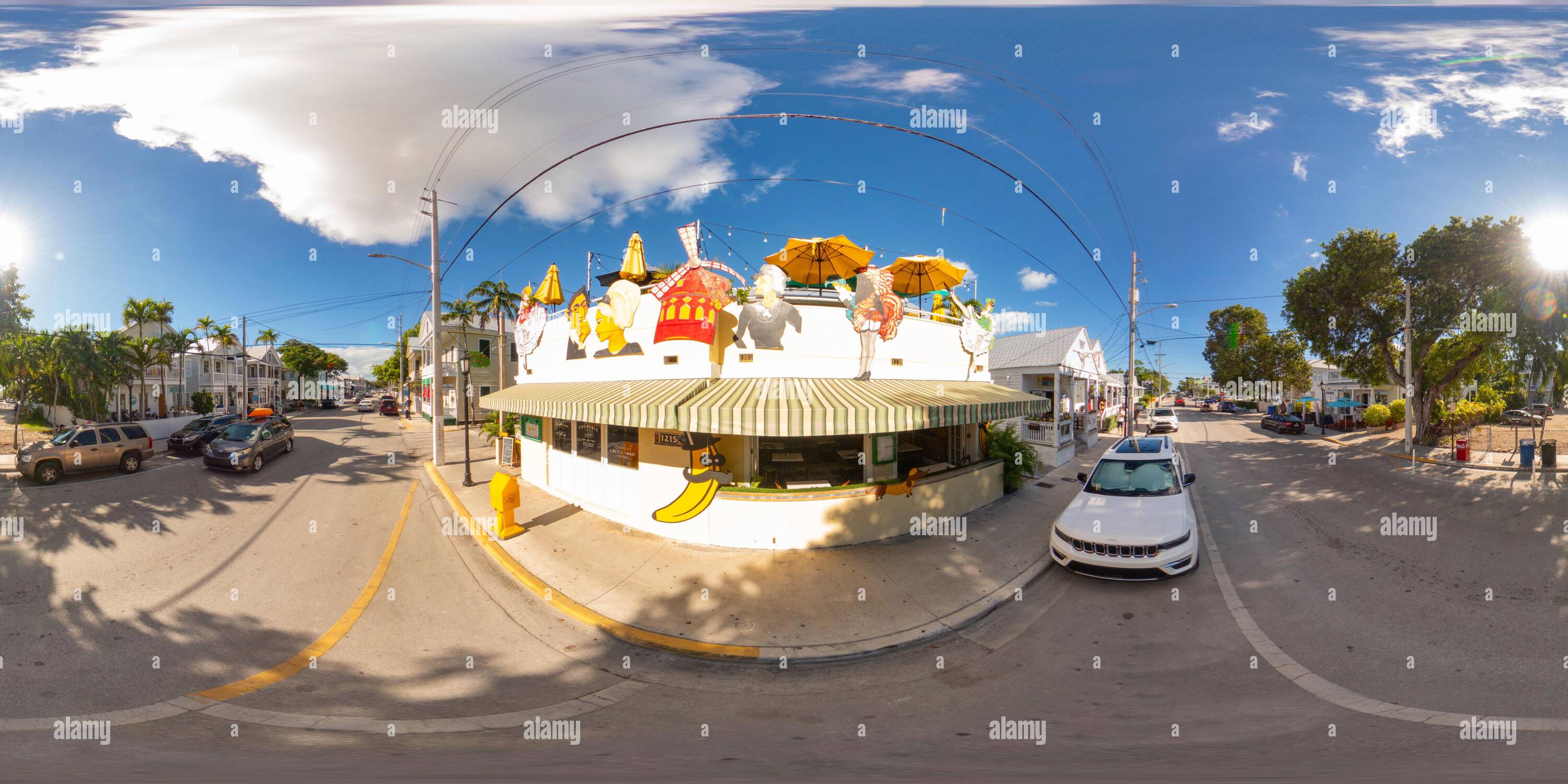 360 degree panoramic view of Key West, FL, USA - October 21, 2023: Banana Cafe Key West 360 equirectangular stock photo