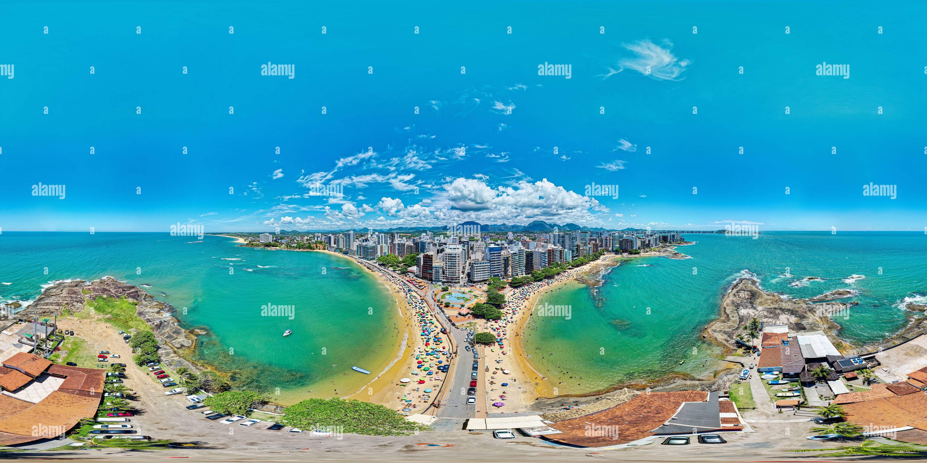 360 degree panoramic view of 360º aerial image of the center of the city of Guarapari - State of Espírito Santo - Brazil. Beaches: Areia Preta, Castanheiras, Valentine, Virtudes.