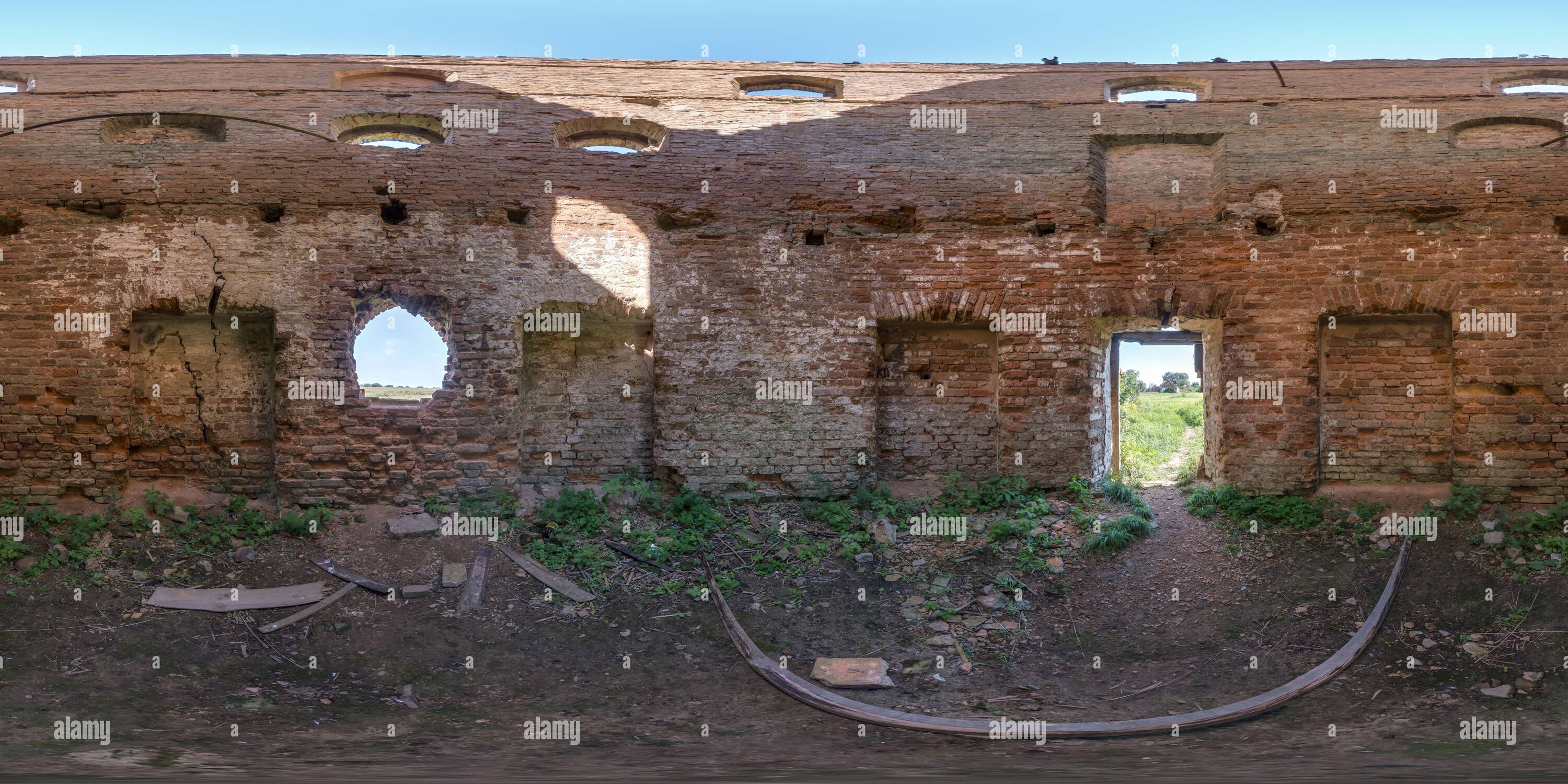 360 degree panoramic view of full seamless spherical hdri 360 panorama inside ruined tower and abandoned outbuildings in equirectangular projection with zenith and nadir, ready fo