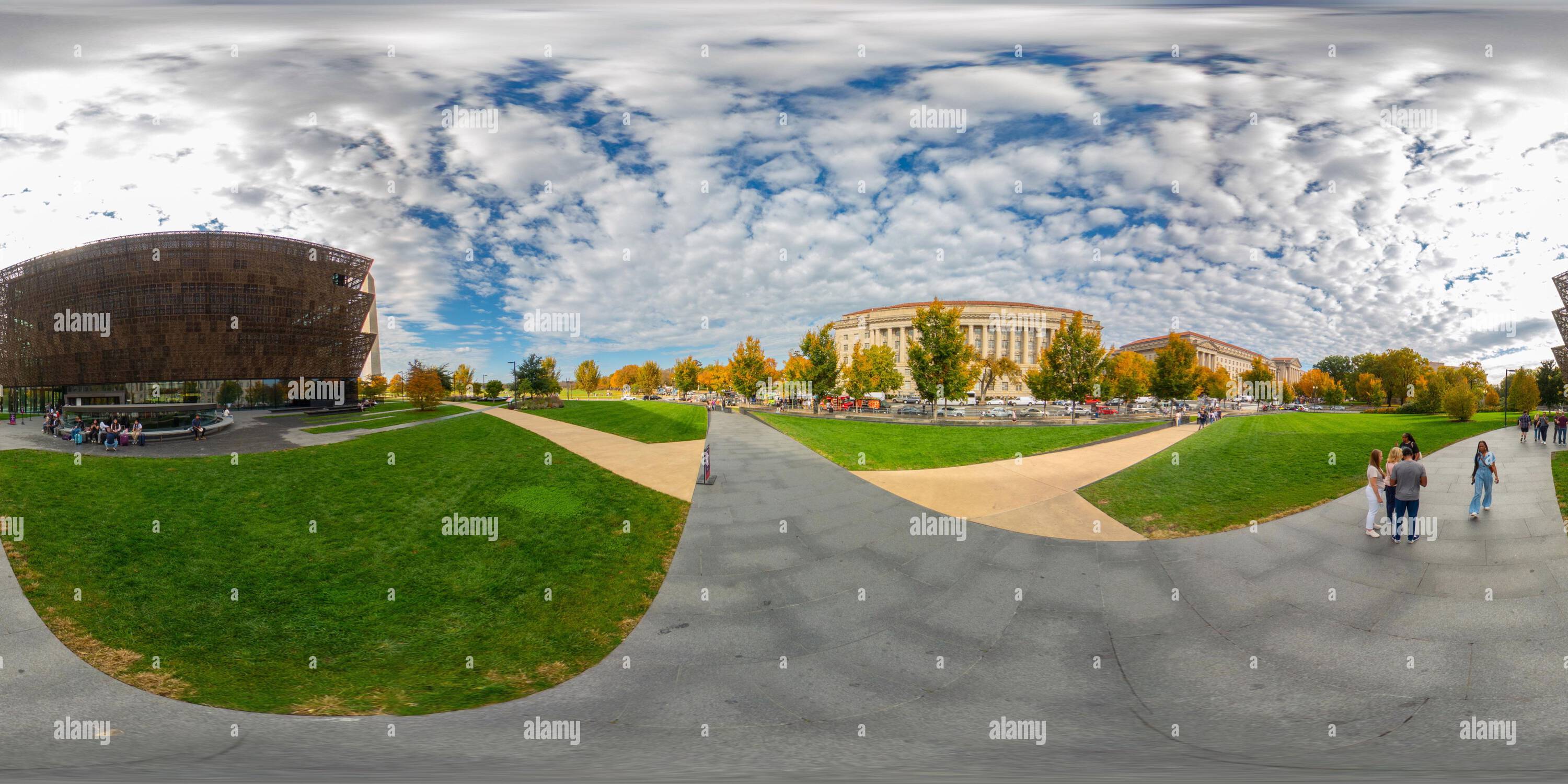 360 degree panoramic view of Washington DC, USA - October 28, 2023: National Museum of African American History and Culture. 360 panorama VR equirectangular photo