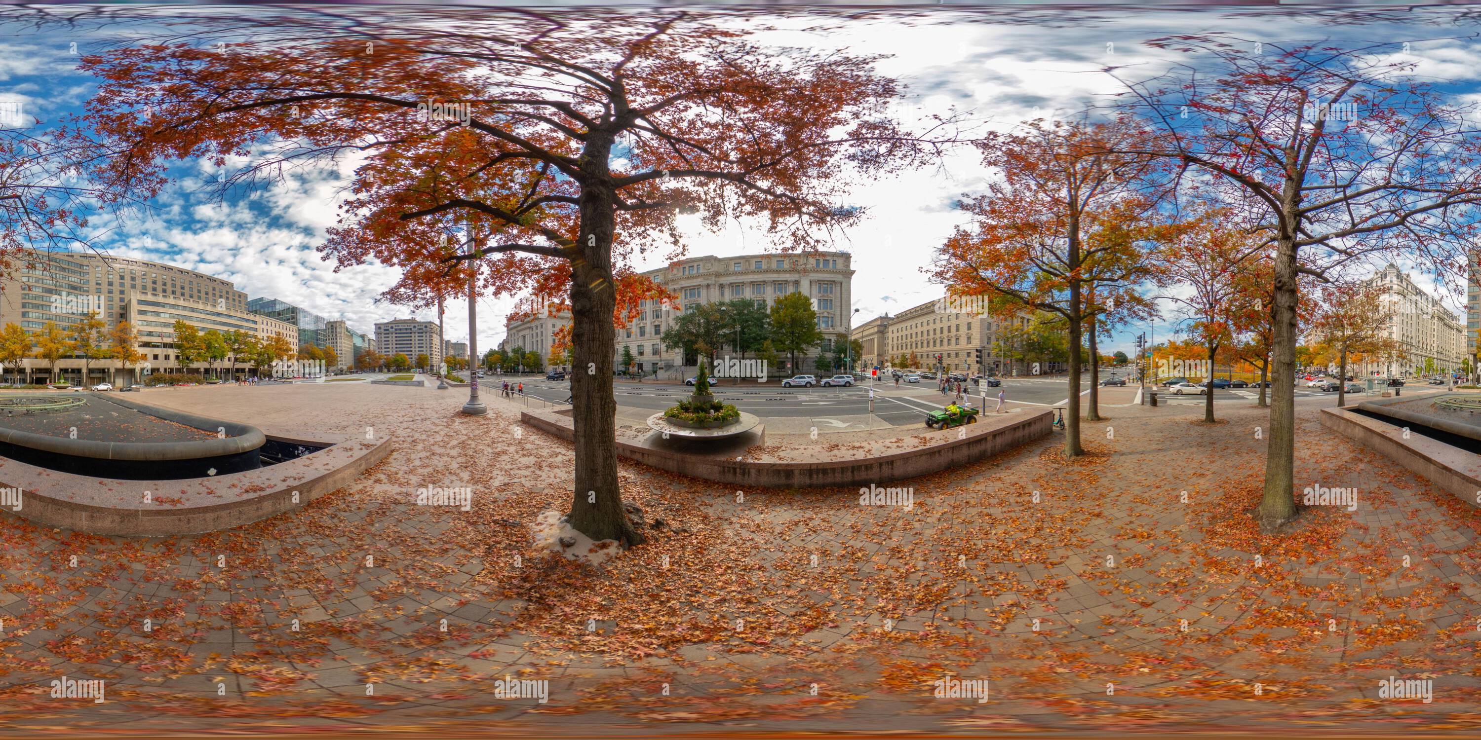 360 degree panoramic view of Washington DC, USA - October 28, 2023: Stock image of the Freedom Plaza Washington DC. 360 panorama VR equirectangular photo