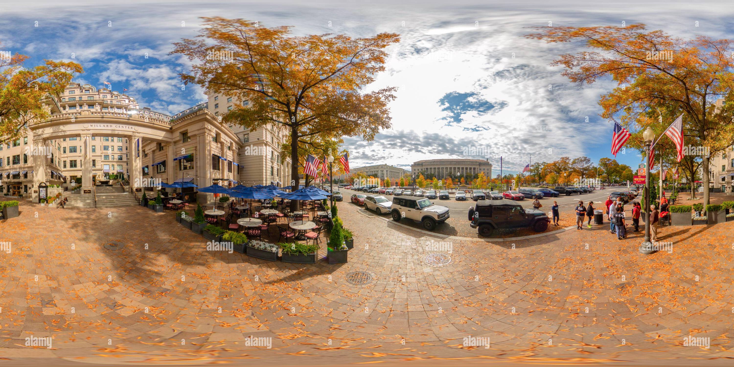 360 degree panoramic view of Washington DC, USA - October 28, 2023: The Willard Center and Hotel Washington Washington DC. 360 panorama VR equirectangular photo