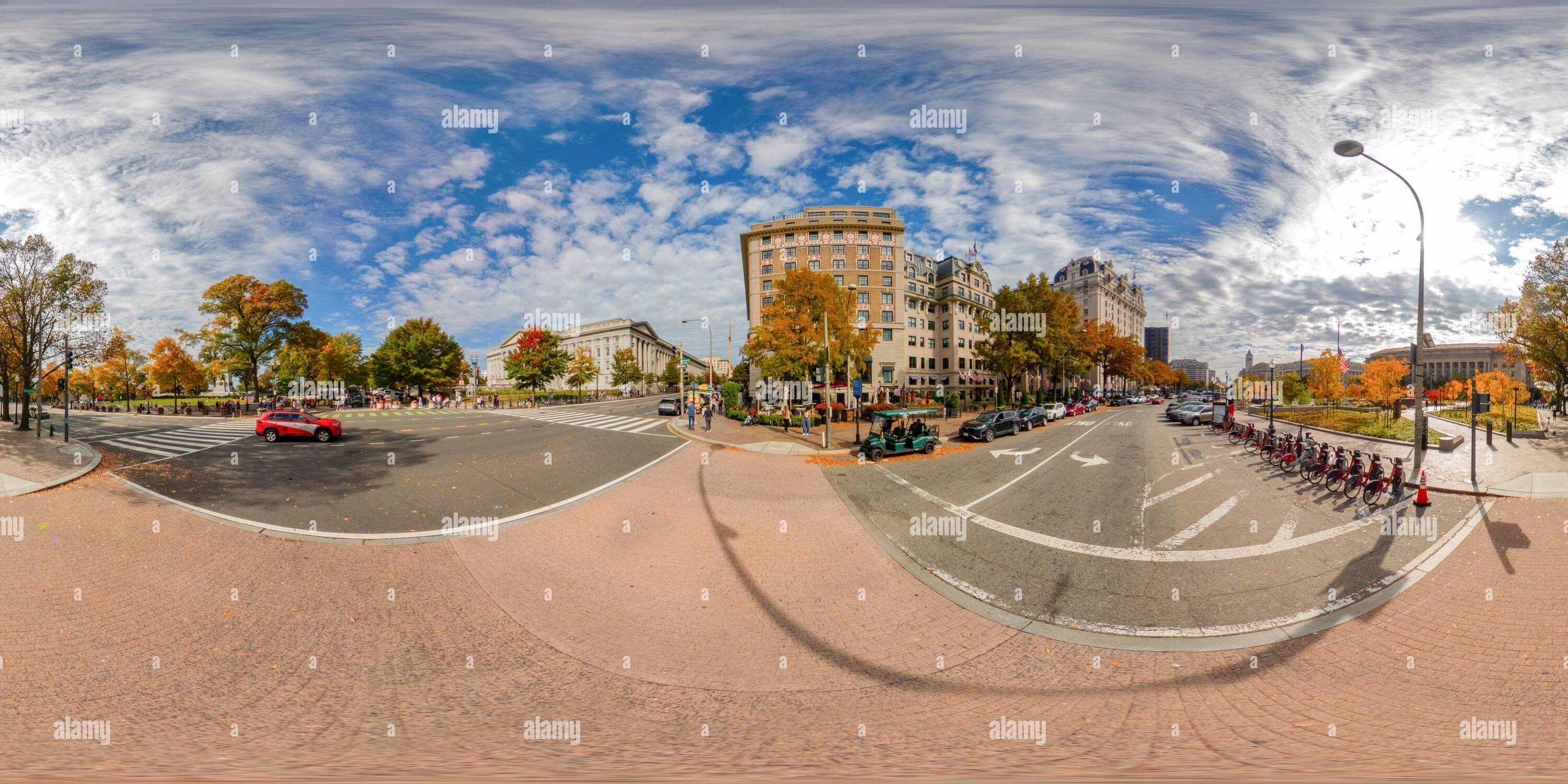 360 degree panoramic view of Washington DC, USA - October 28, 2023: The Willard Center and Hotel Washington Washington DC. 360 panorama VR equirectangular photo