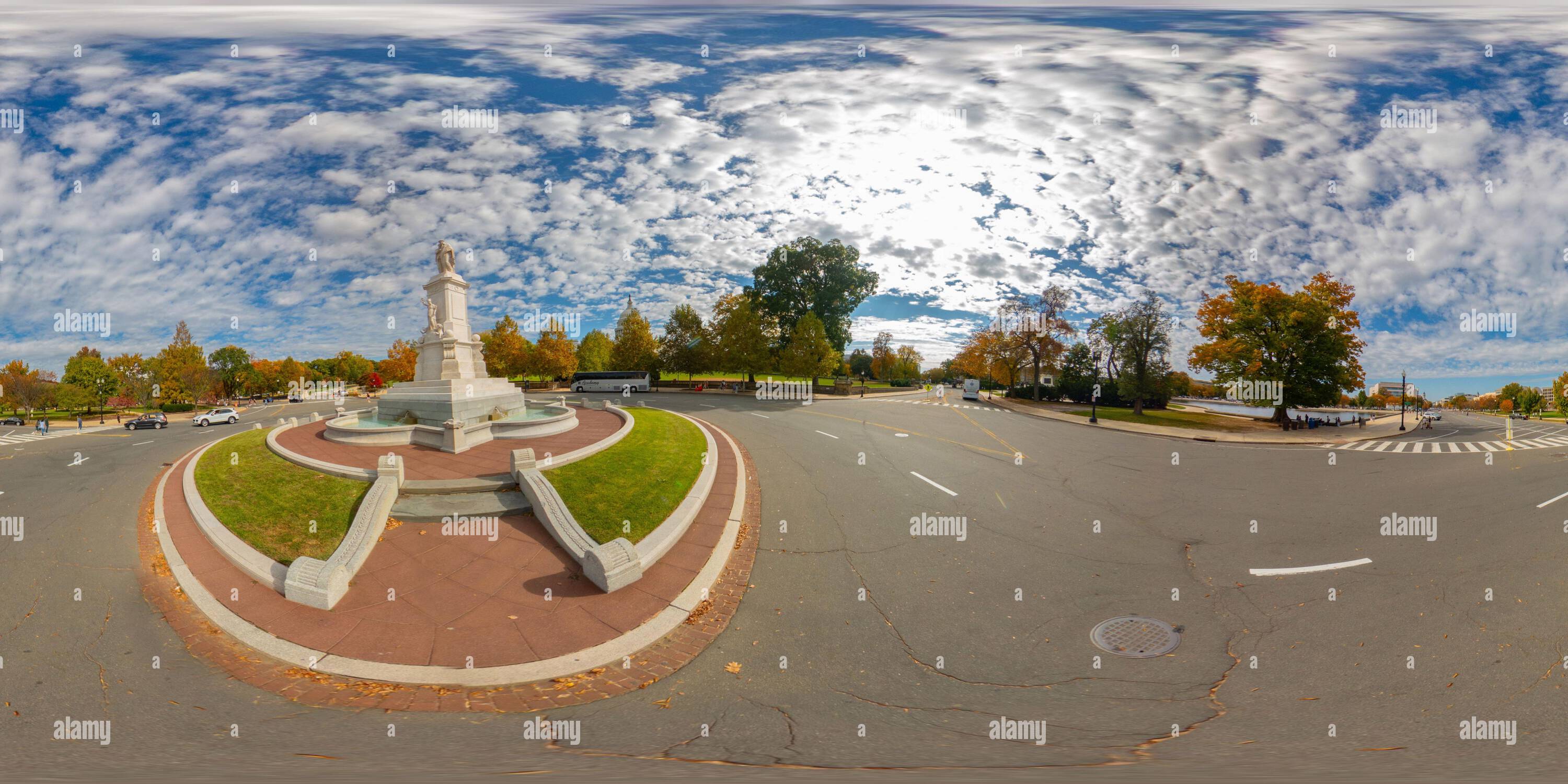 360 degree panoramic view of Washington DC, USA - October 28, 2023: Peace Monument Washington DC roundabout traffic circle. 360 panorama VR equirectangular photo