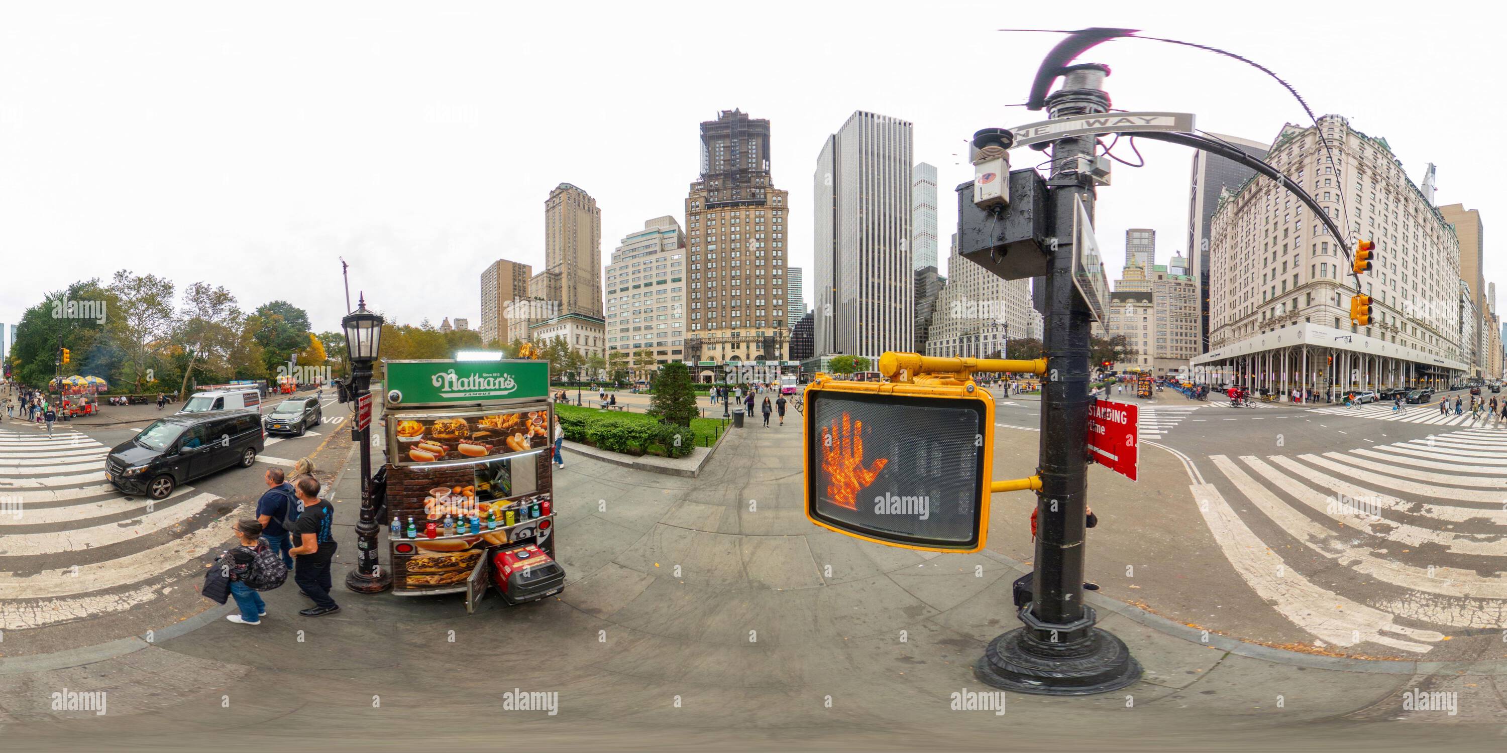 360 degree panoramic view of New York, NY, USA - October 27, 2023: Nathans famous hot dog stand New York. 360 panorama VR equirectangular photo