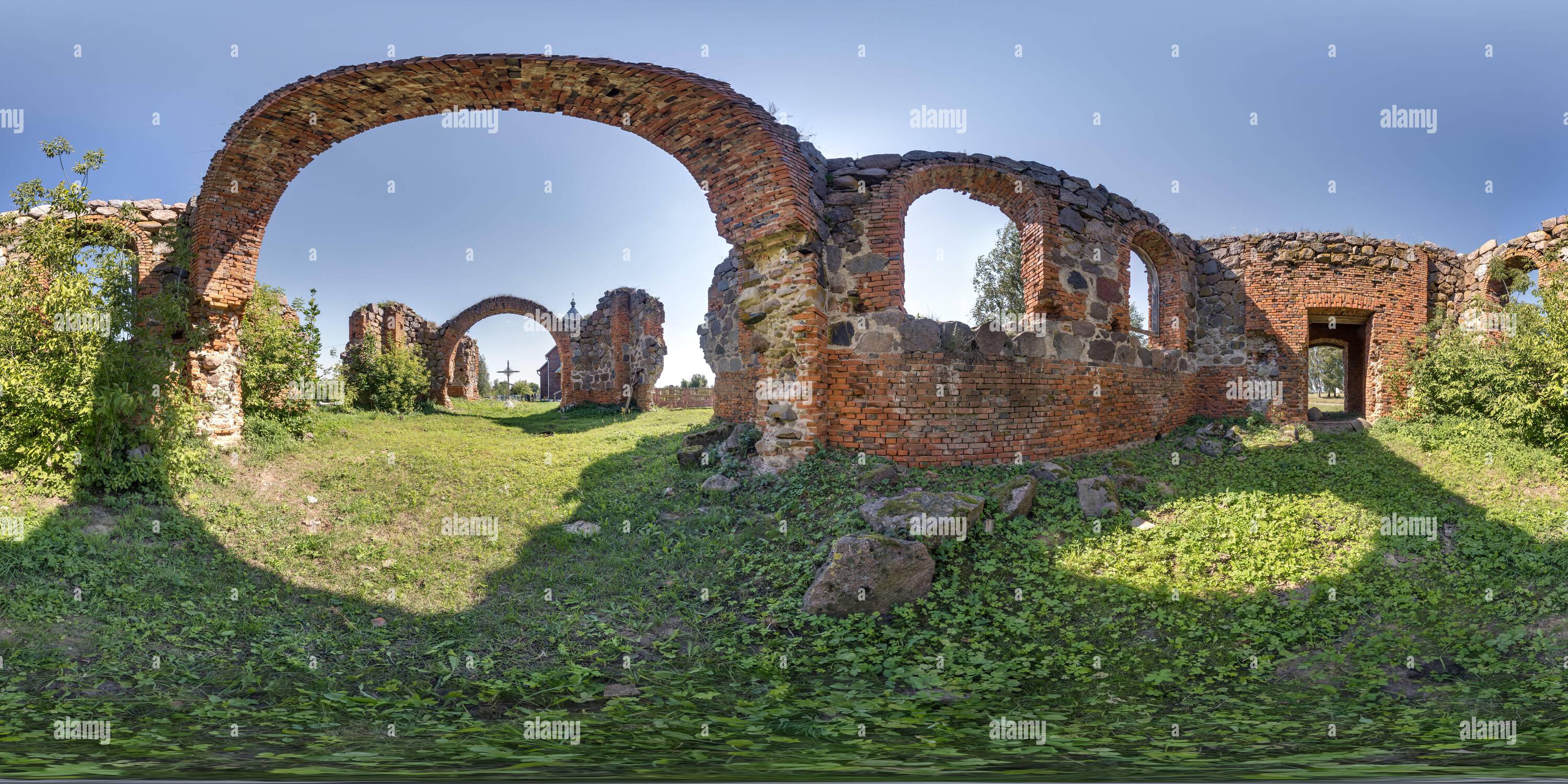 360 degree panoramic view of full seamless spherical hdri 360 panorama inside ruined abandoned church with arches without roof in equirectangular projection with zenith and nadir,