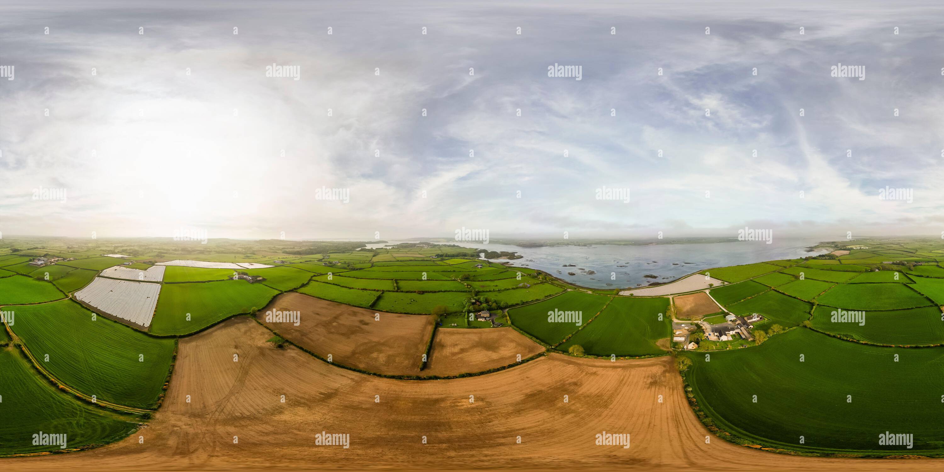 360 degree panoramic view of Aerial 360 image above fields at Strangford Lough showing the County Down countryside, Northern Ireland