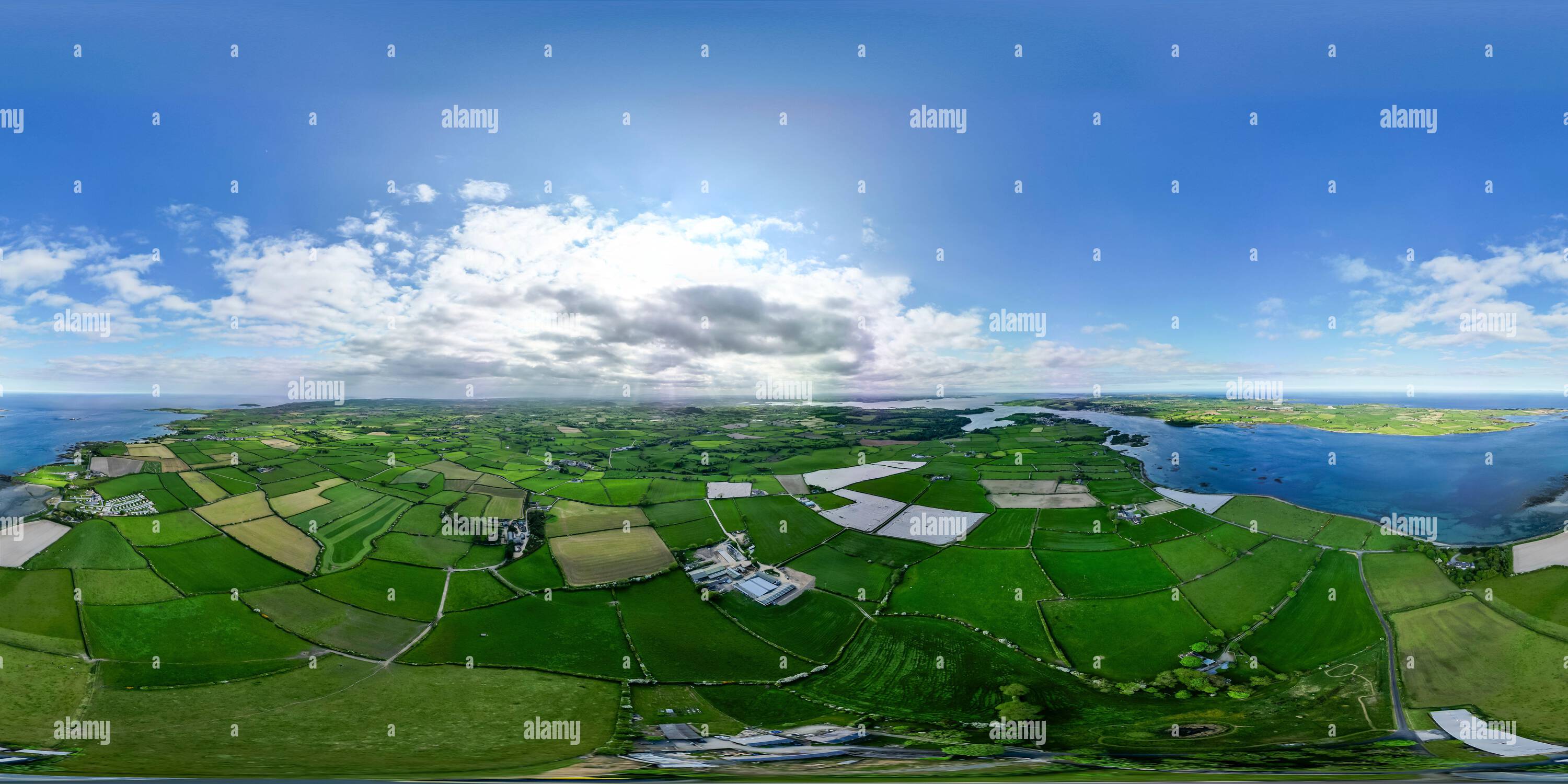 360 degree panoramic view of Aerial 360 image above fields at Strangford Lough showing the County Down countryside, Northern Ireland