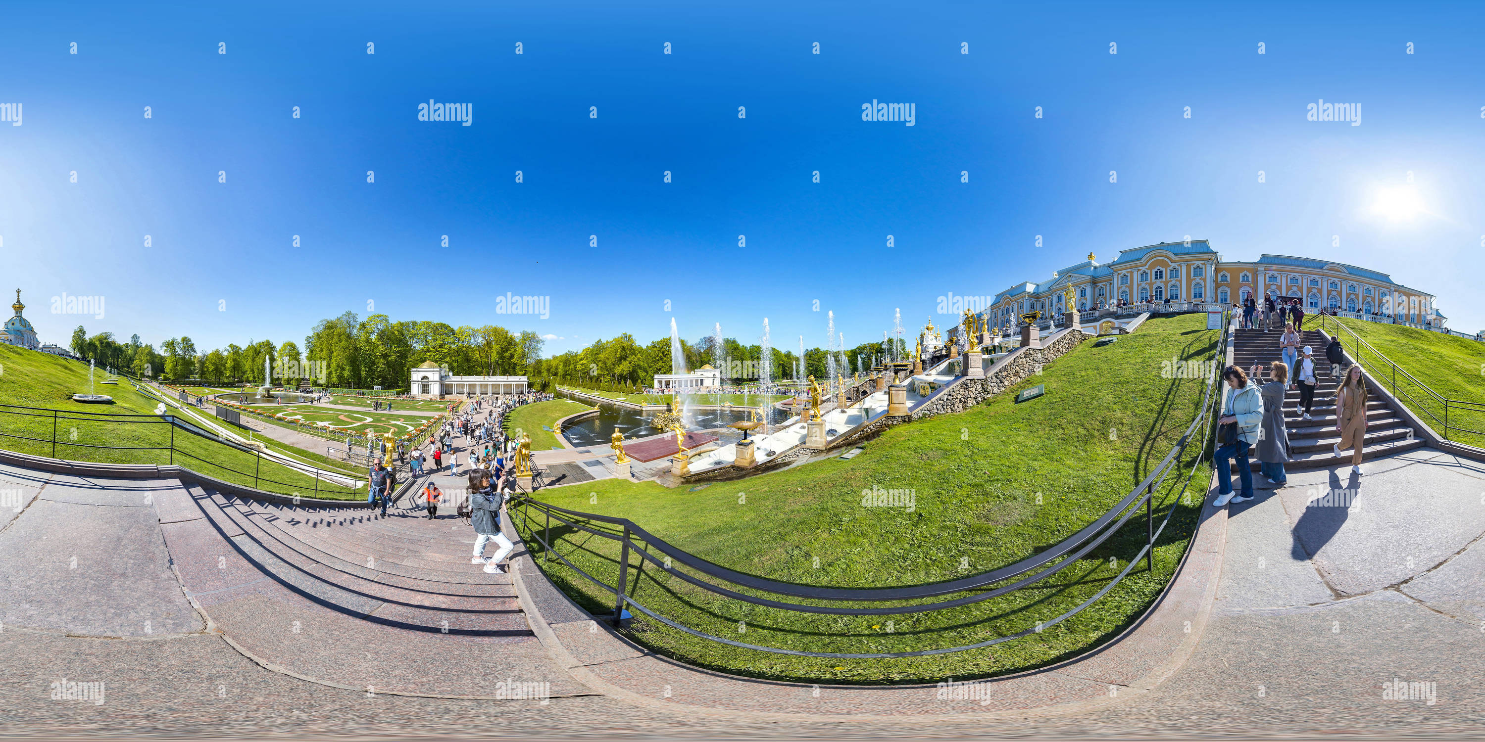 360 degree panoramic view of Peterhof. View of the Grand Cascade.