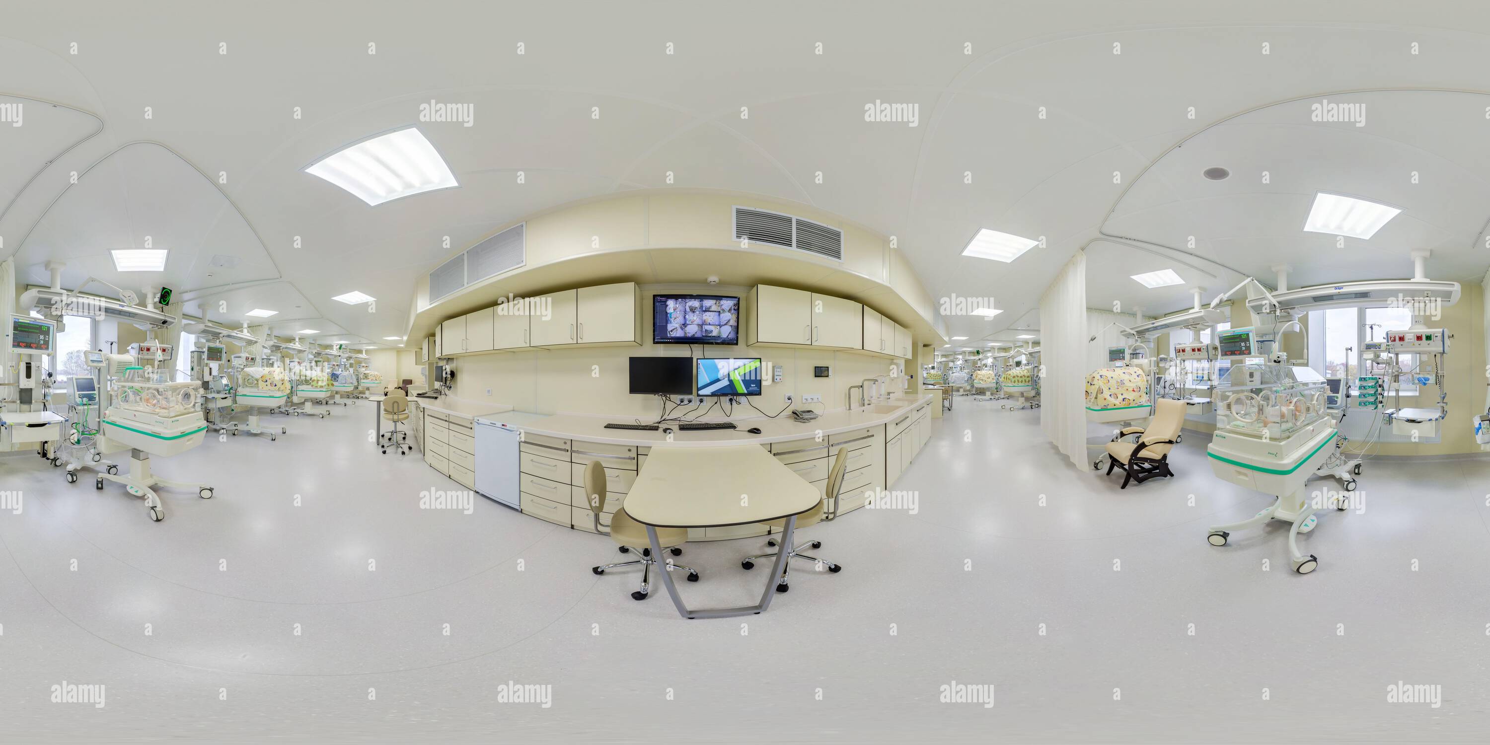 360 degree panoramic view of MOSCOW, RUSSIA - JUNE 2022: full hdri 360 panorama near infant incubator box in maternity ward of medical center hospital with modern equipment in den