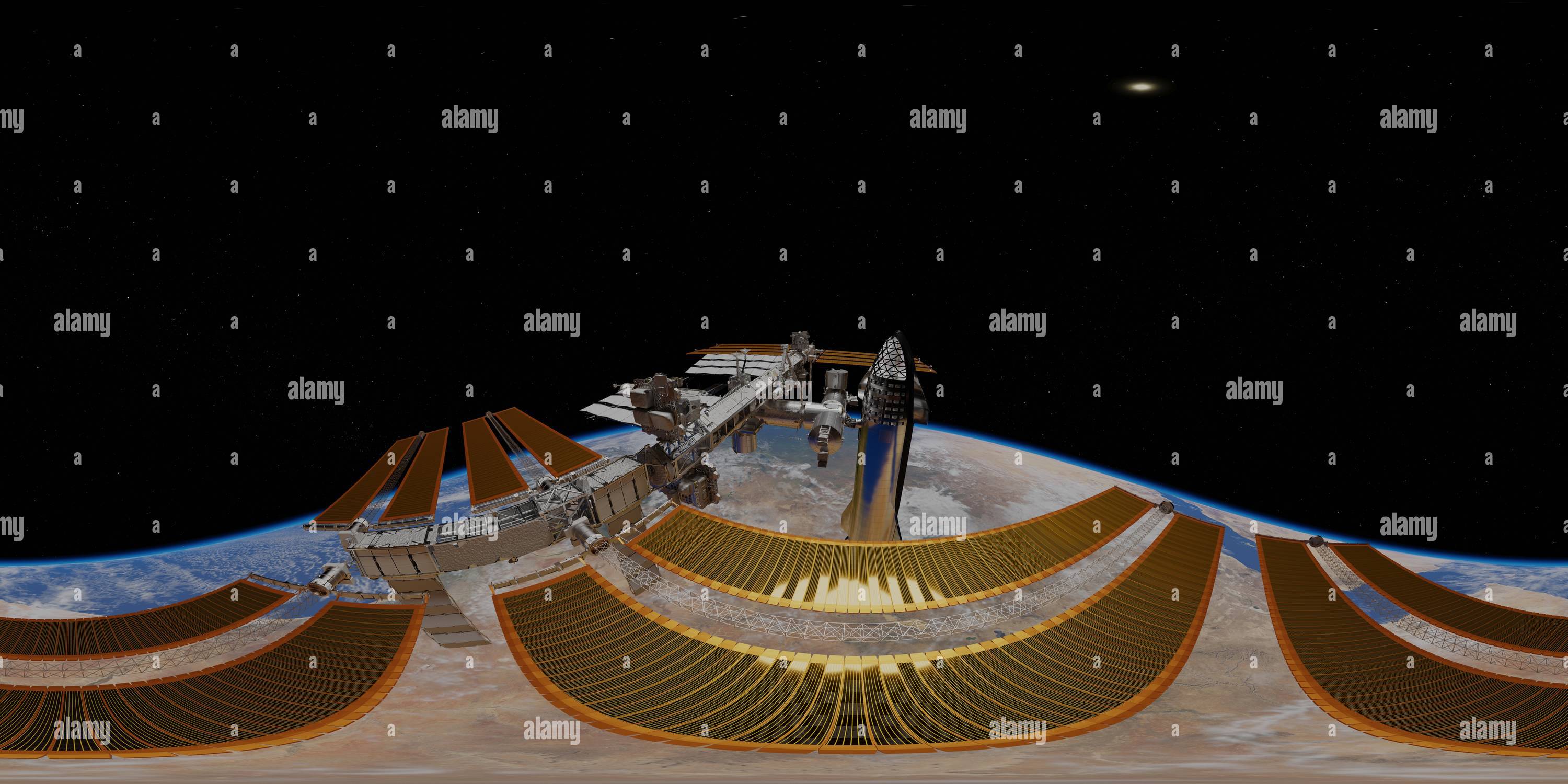 360 degree panoramic view of Starship docked with ISS