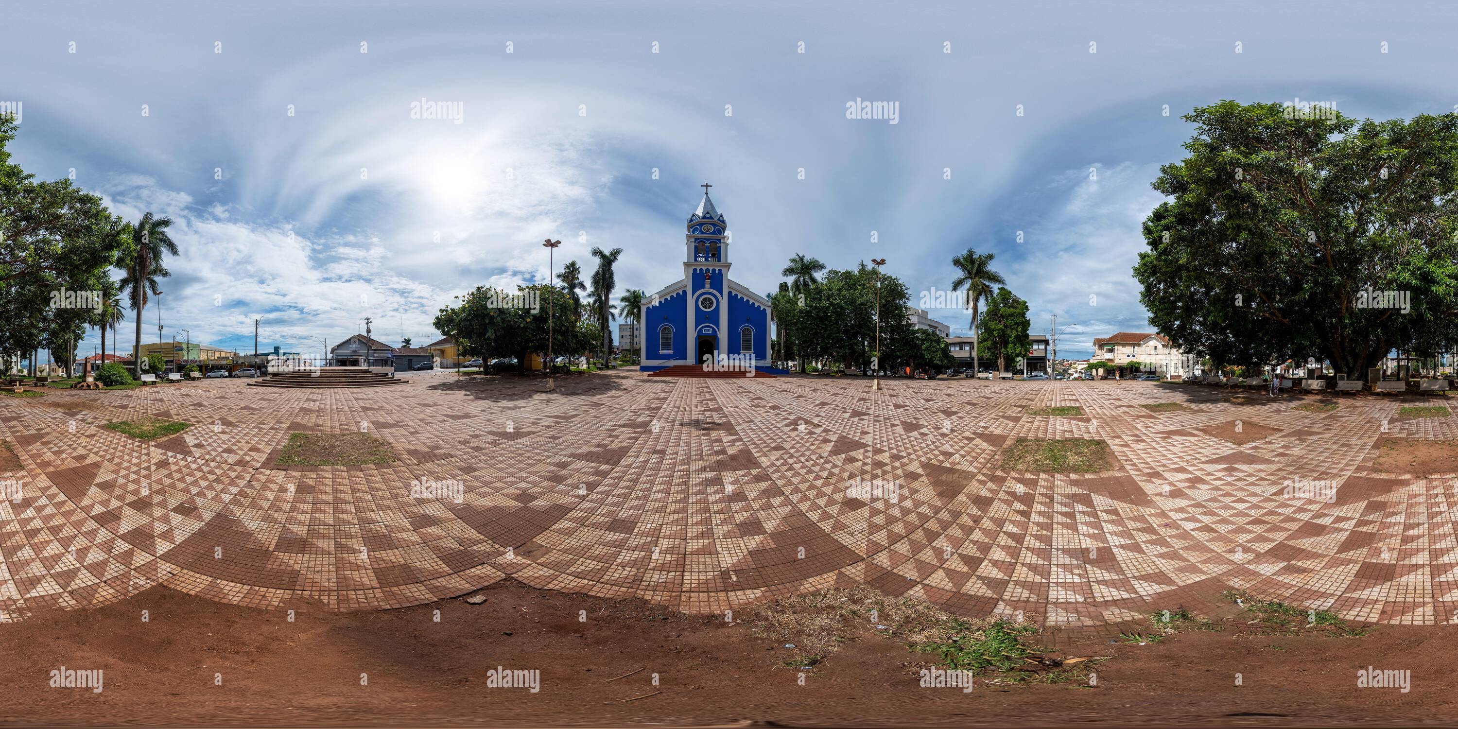 360 degree panoramic view of Altinópolis, SP, Brazil - February 2, 2024 - Front of the Altinópolis Parish Church on a sunny afternoon