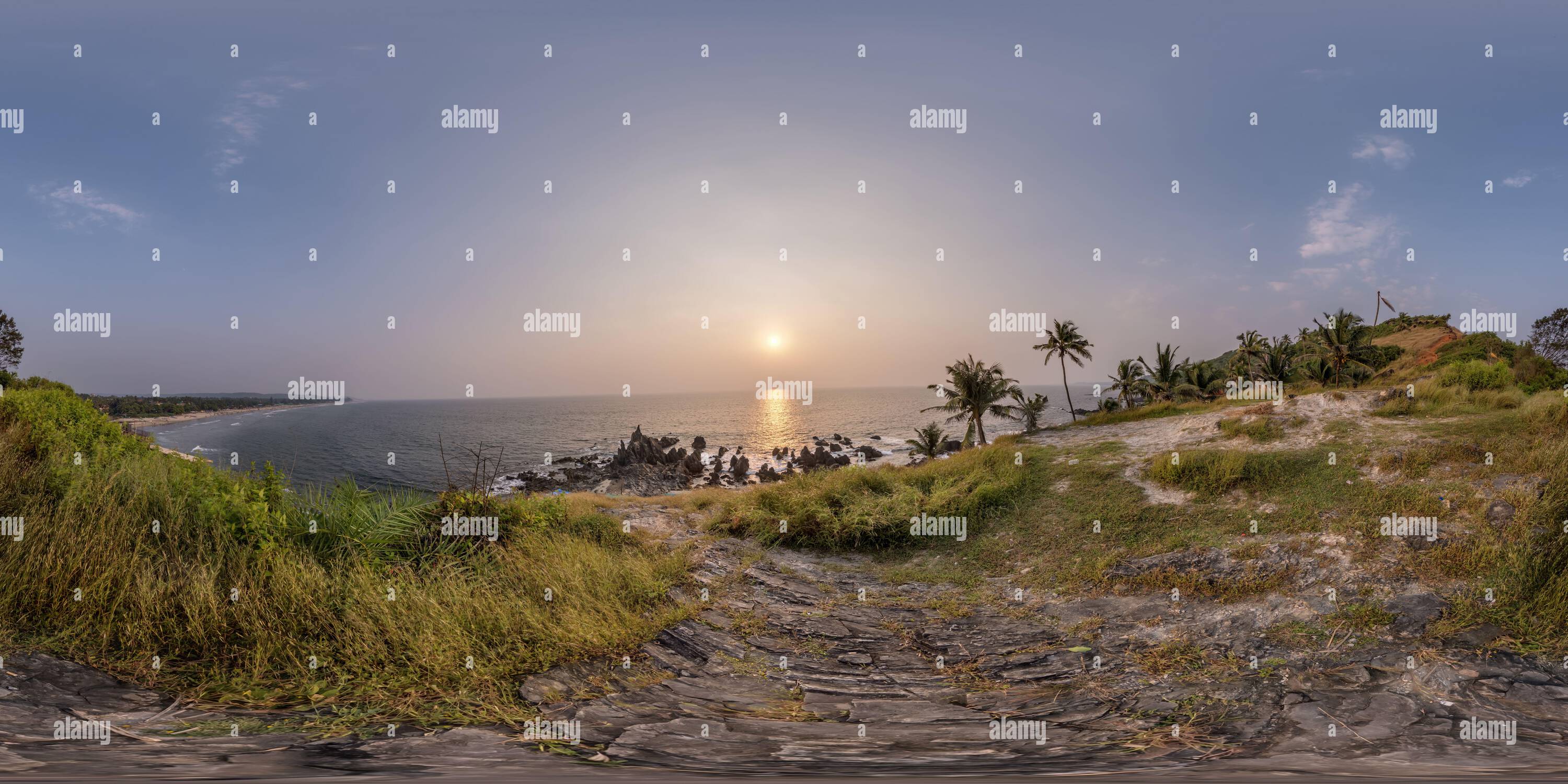 360° view of 360 hdri panorama with coconut trees on ocean coast on ...