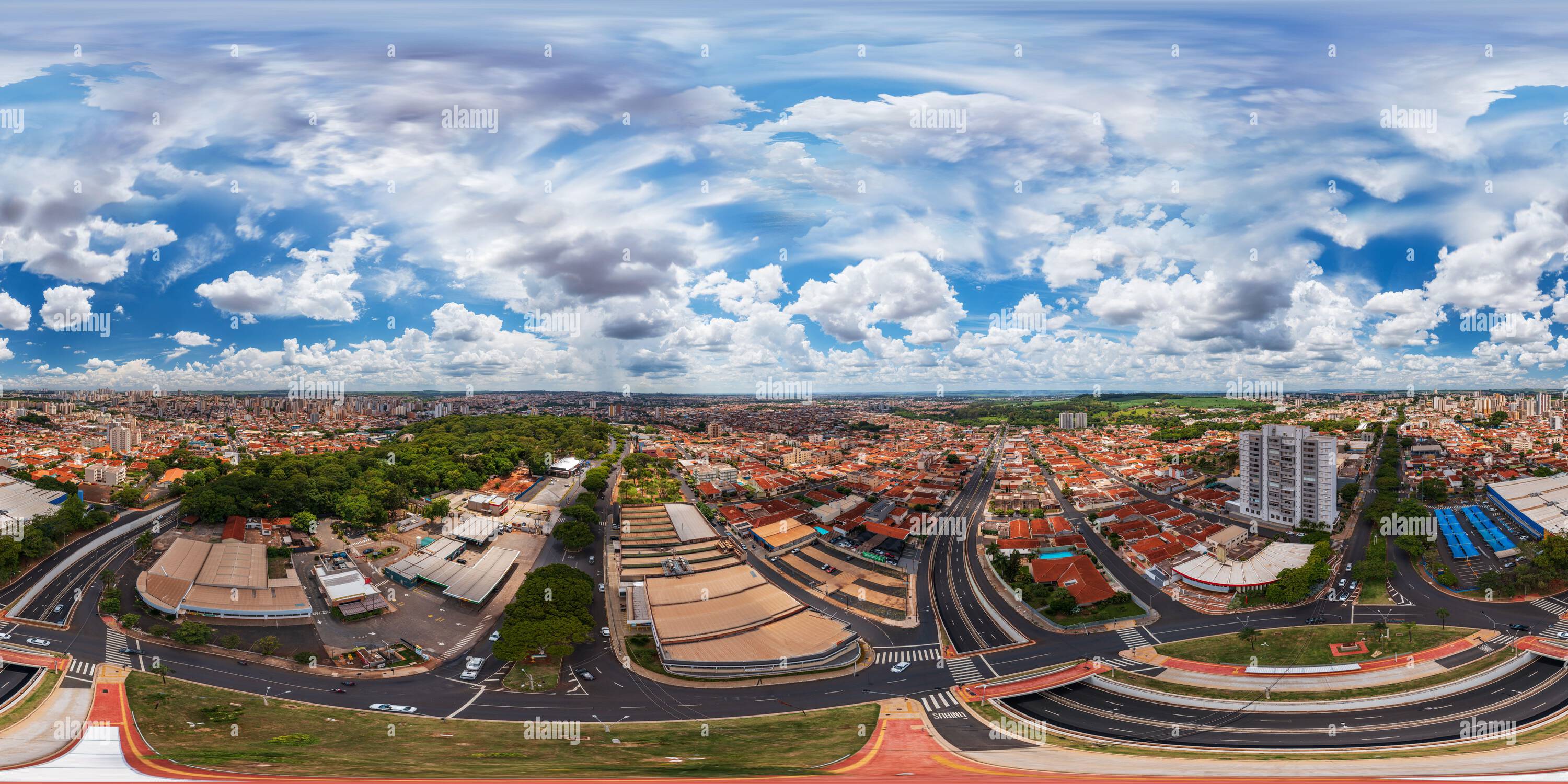 360 degree panoramic view of Ribeirao Preto, SP, Brazil - February 13, 2024 - Panoramic aerial view of the city from the intersection between Avenidas Capitão Salomão and Meira Ju