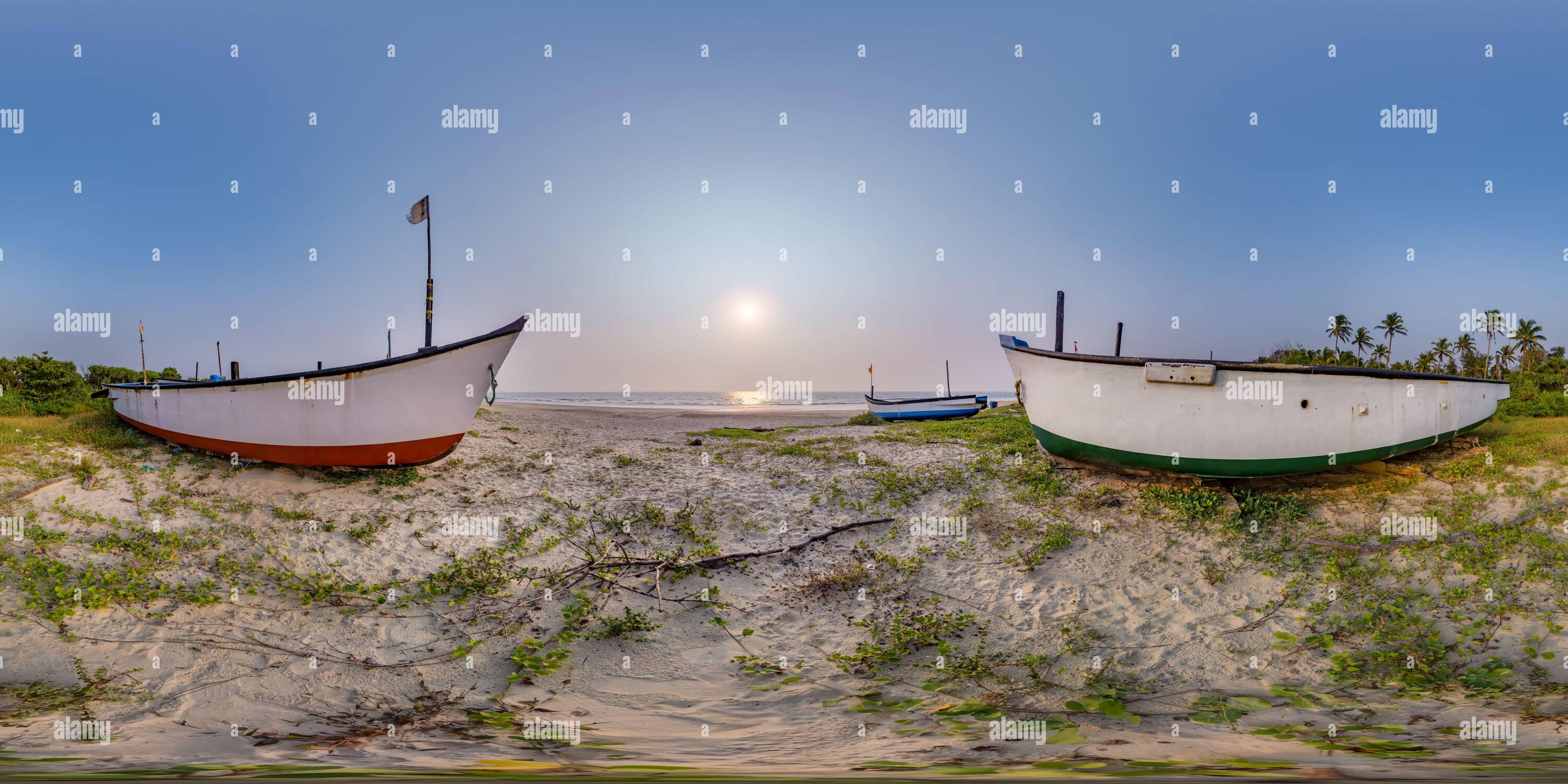 360° view of 360 hdri panorama near old fishing boats in the sand on ...