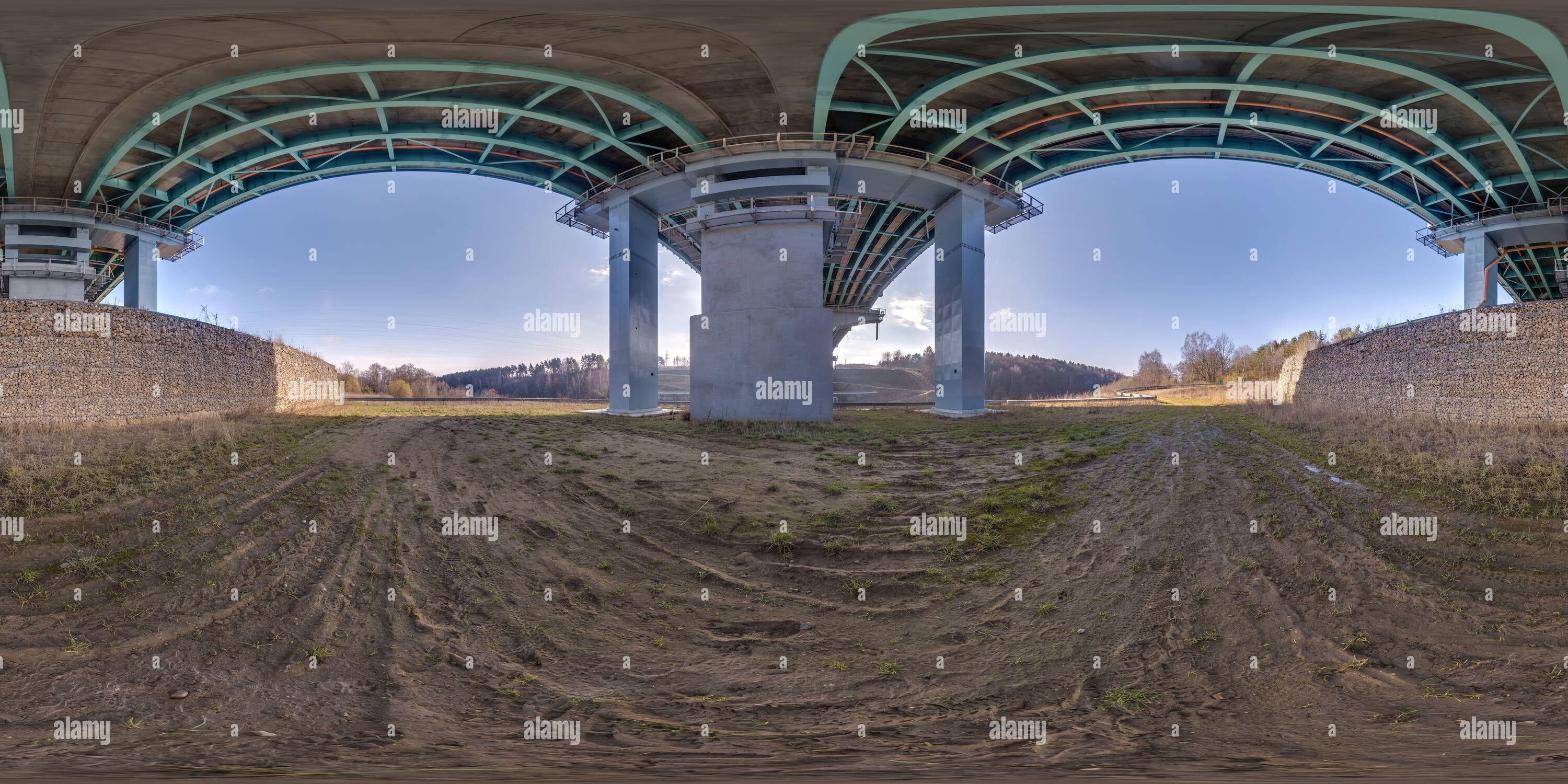 360° view of hdri 360 panorama on gravel road under steel frame ...