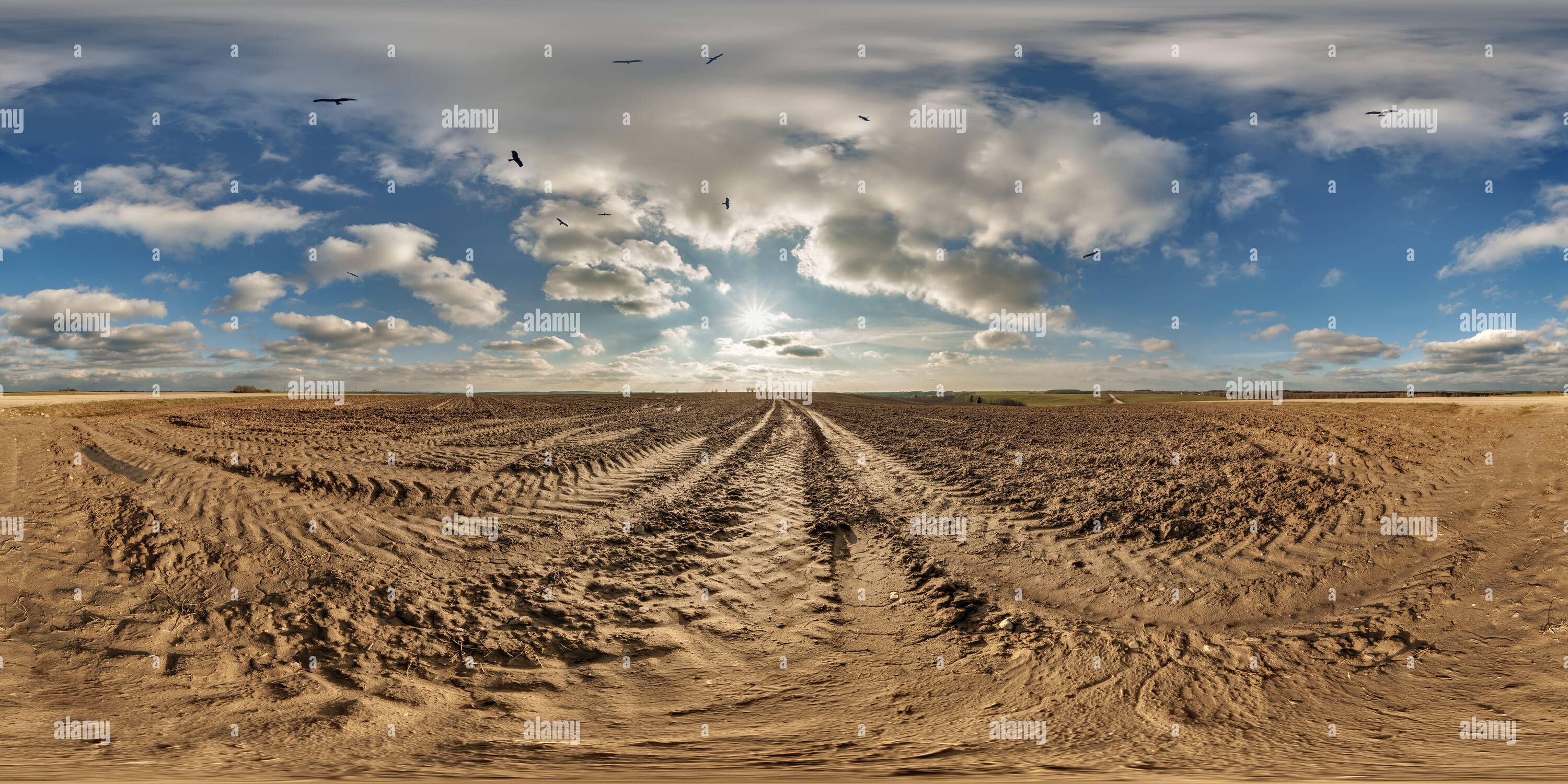 360° view of hdri 360 panorama view on gravel muddy road among fields ...