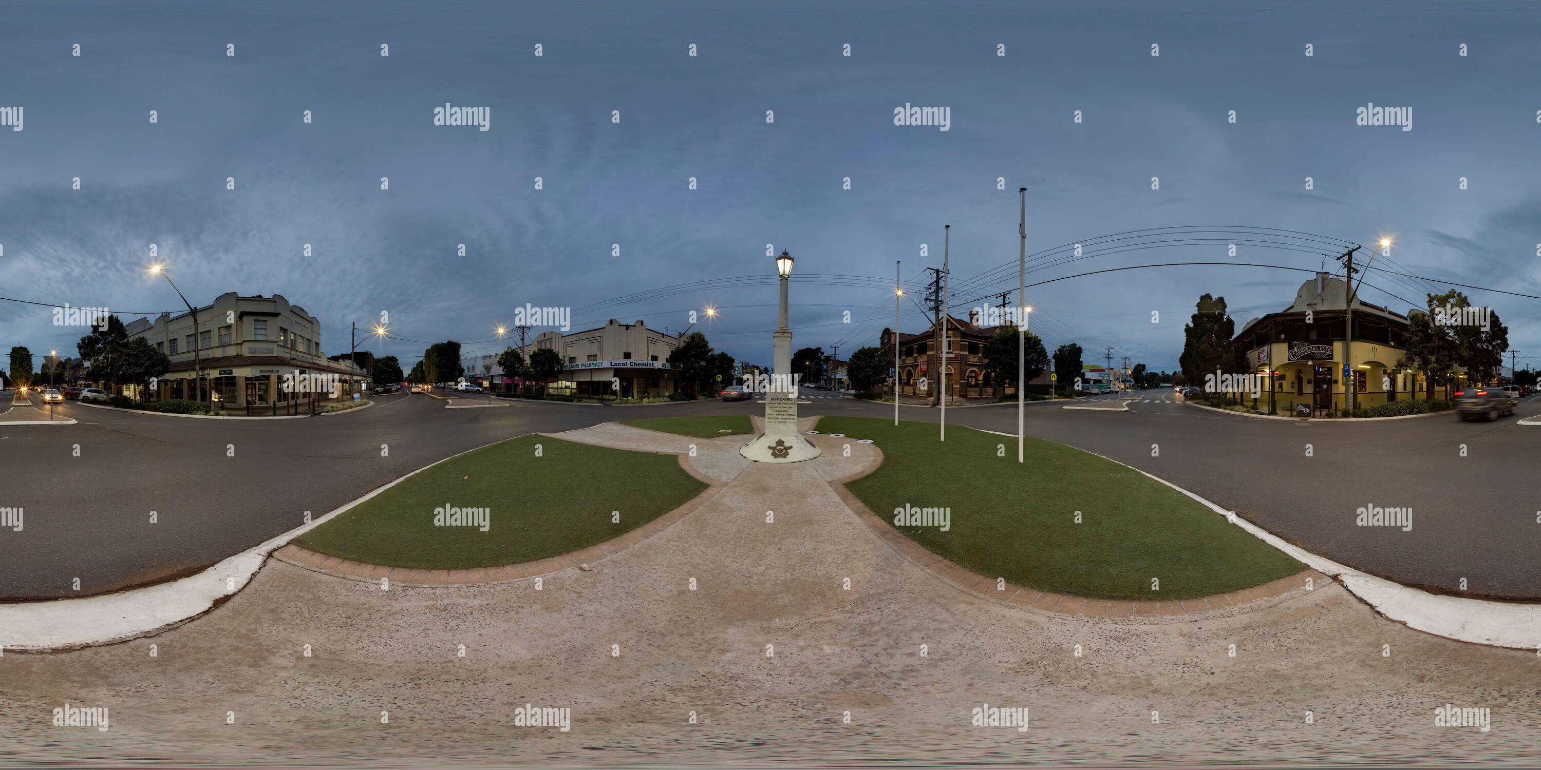 360 degree panoramic view of 360° panorama The Mafeking Lamp stands at a roundabout on the corner of Walker and Barker Streets in Casino, Richmond Valley - NSW Australia