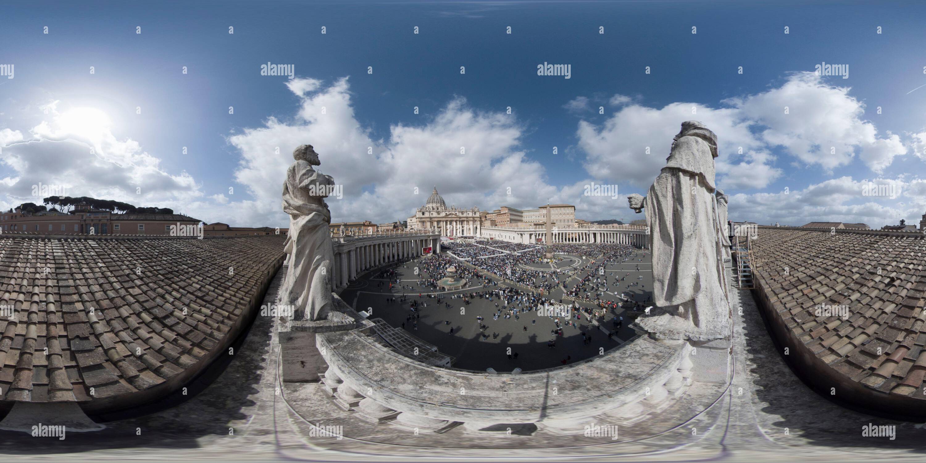 360 degree panoramic view of View of St. Peter's Square during Easter Mass from the walkway above the Braccio Carlo Magno of Bernini's Colonnade in Vatican, Rome, Italy.