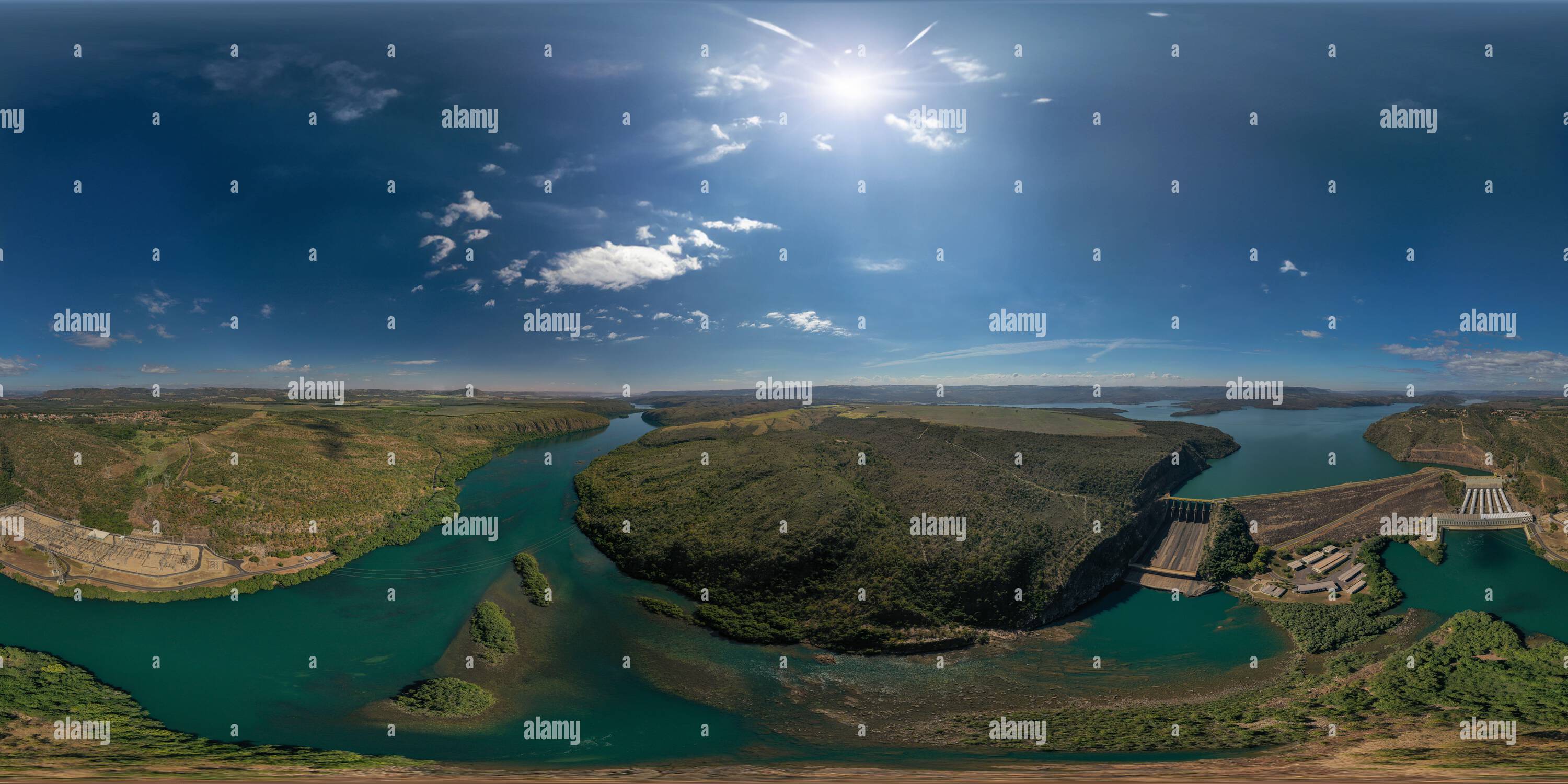 360 degree panoramic view of Pedregulho, Sao Paulo, Brazil - May 25, 2024 - 360 degrees of the Luís Carlos Barreto de Carvalho Hydroelectric Power Plant, in Rio Grande