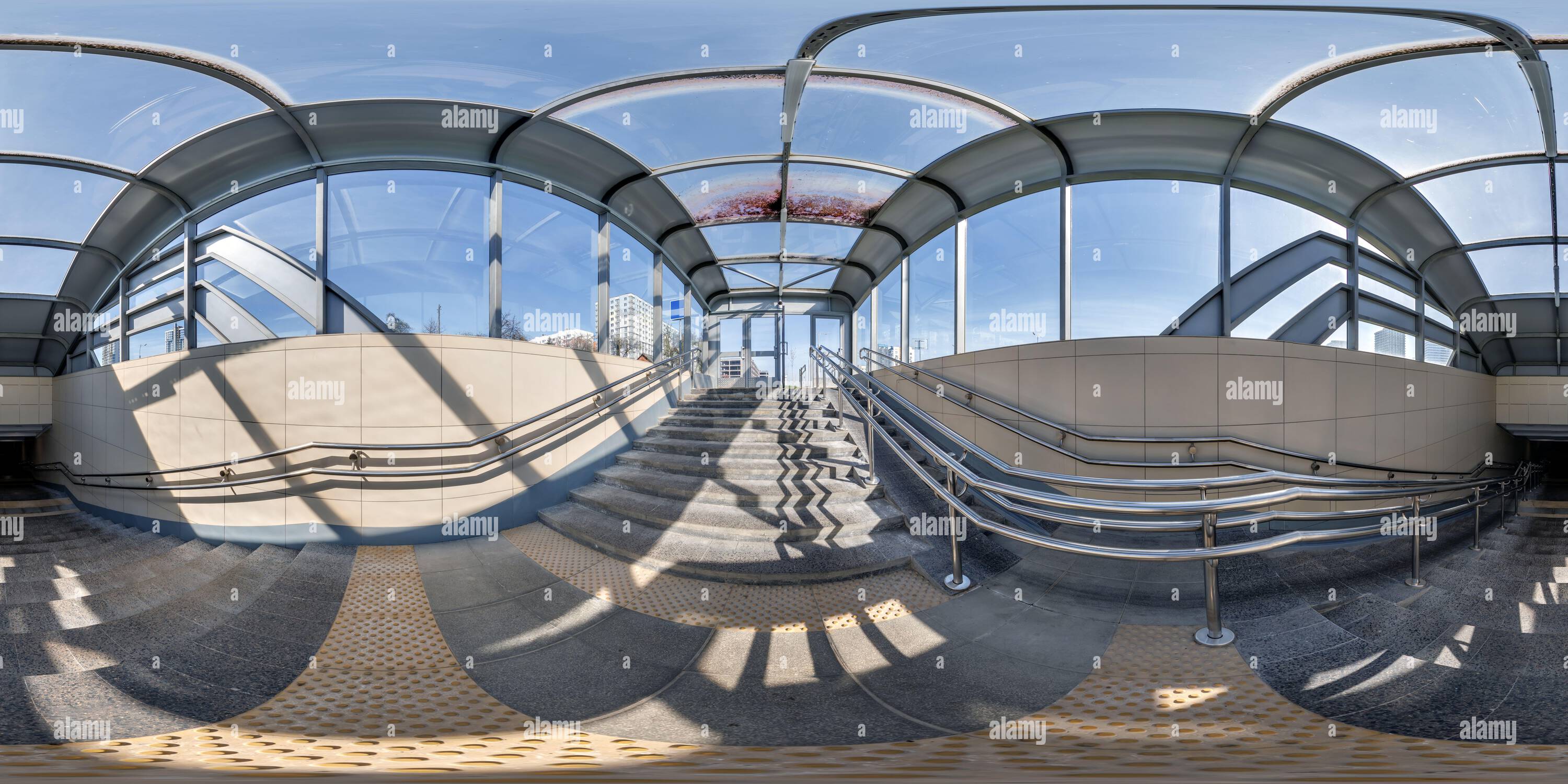 360 degree panoramic view of hdri 360 panorama view on pedestrian footpath and stairs inside tunnel or subway in full spherical equirectangular projection. VR AR content,