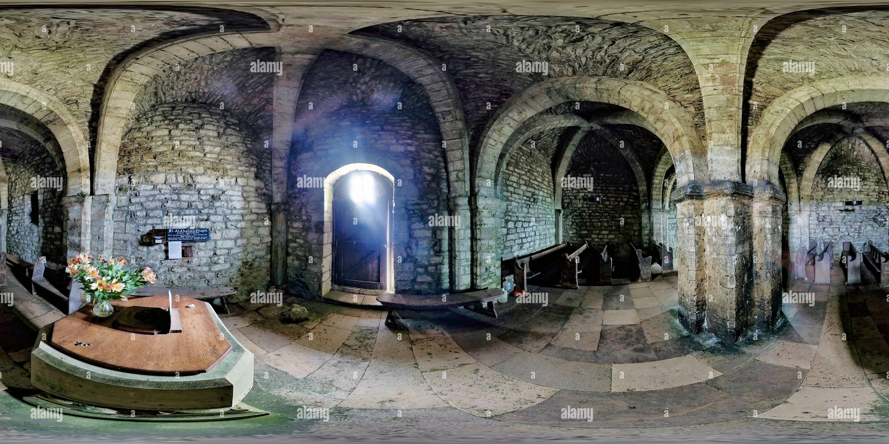 360 degree panoramic view of The West Cardinal Point Interior at St Aldhelms Chapel            in Dorset 1 of 4