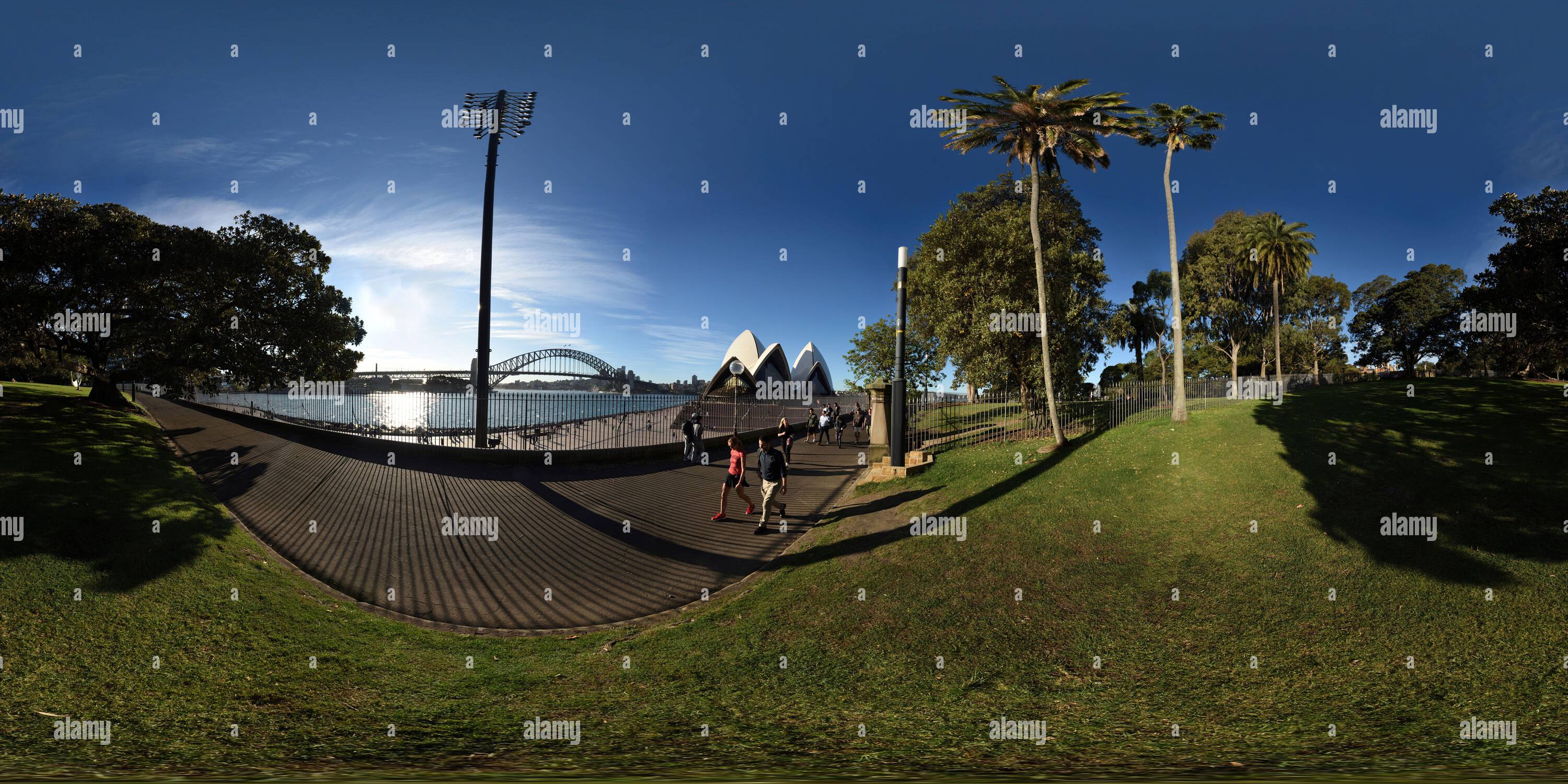 360 degree panoramic view of Sydney Opera House, a 360° view from under a Moreton Bay Fig tree on the Australian, Tarpeian Way lawn beside Government House, Sydney, Australia